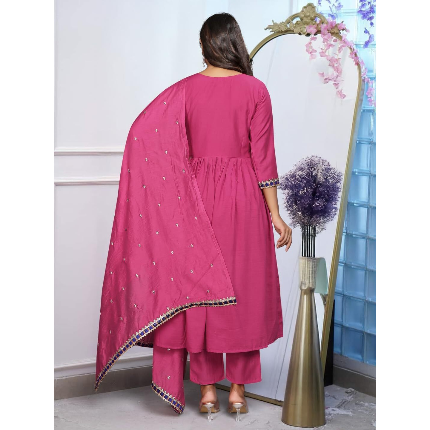 Navlik Women's Chinon Embroidered Straight Kurta Pant and Dupatta Sets (STYL-Morlo) (Size Small, Color Pink)