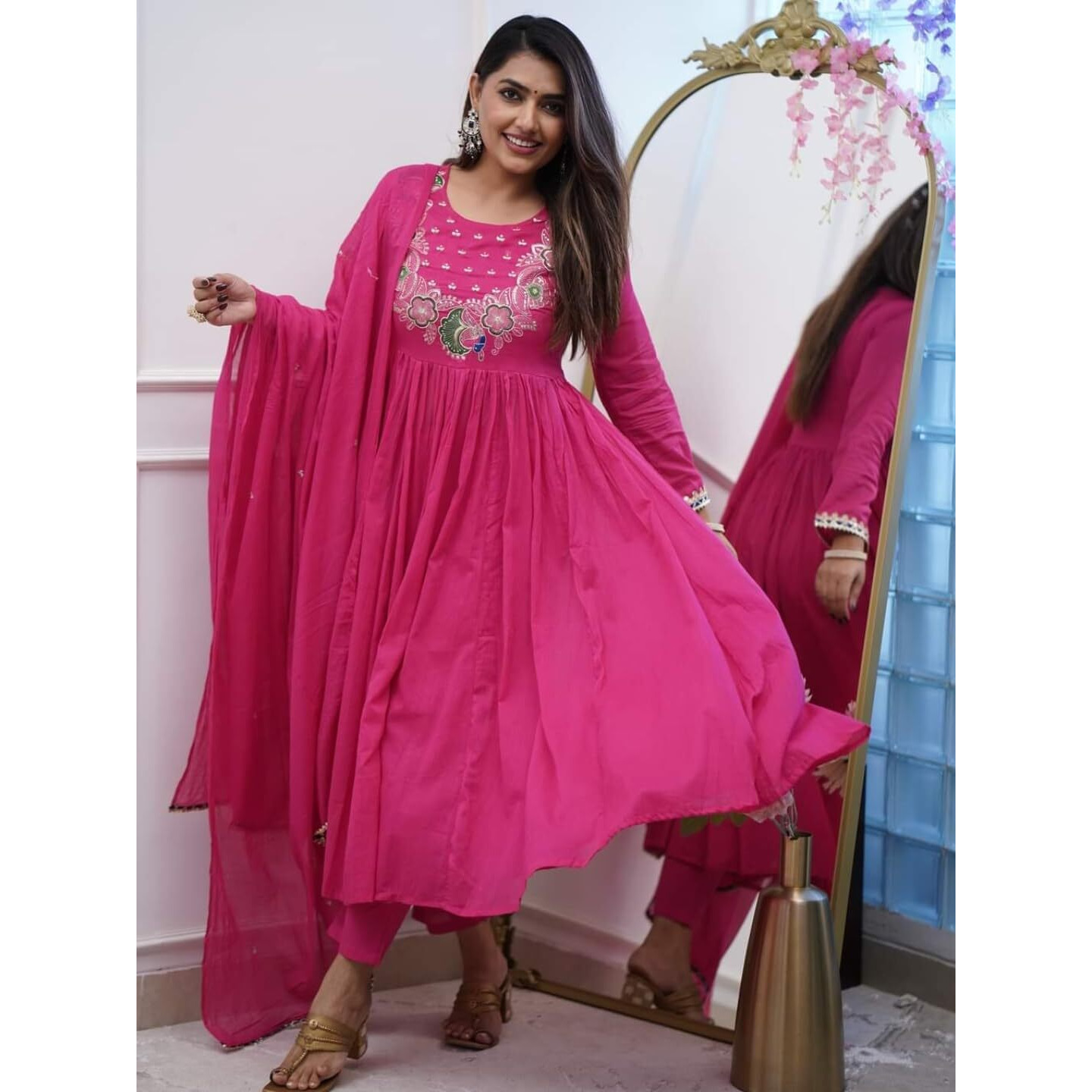 Navlik Women's Chinon Embroidered Straight Kurta Pant and Dupatta Sets (STYL-Morlo) (Size Small, Color Pink)