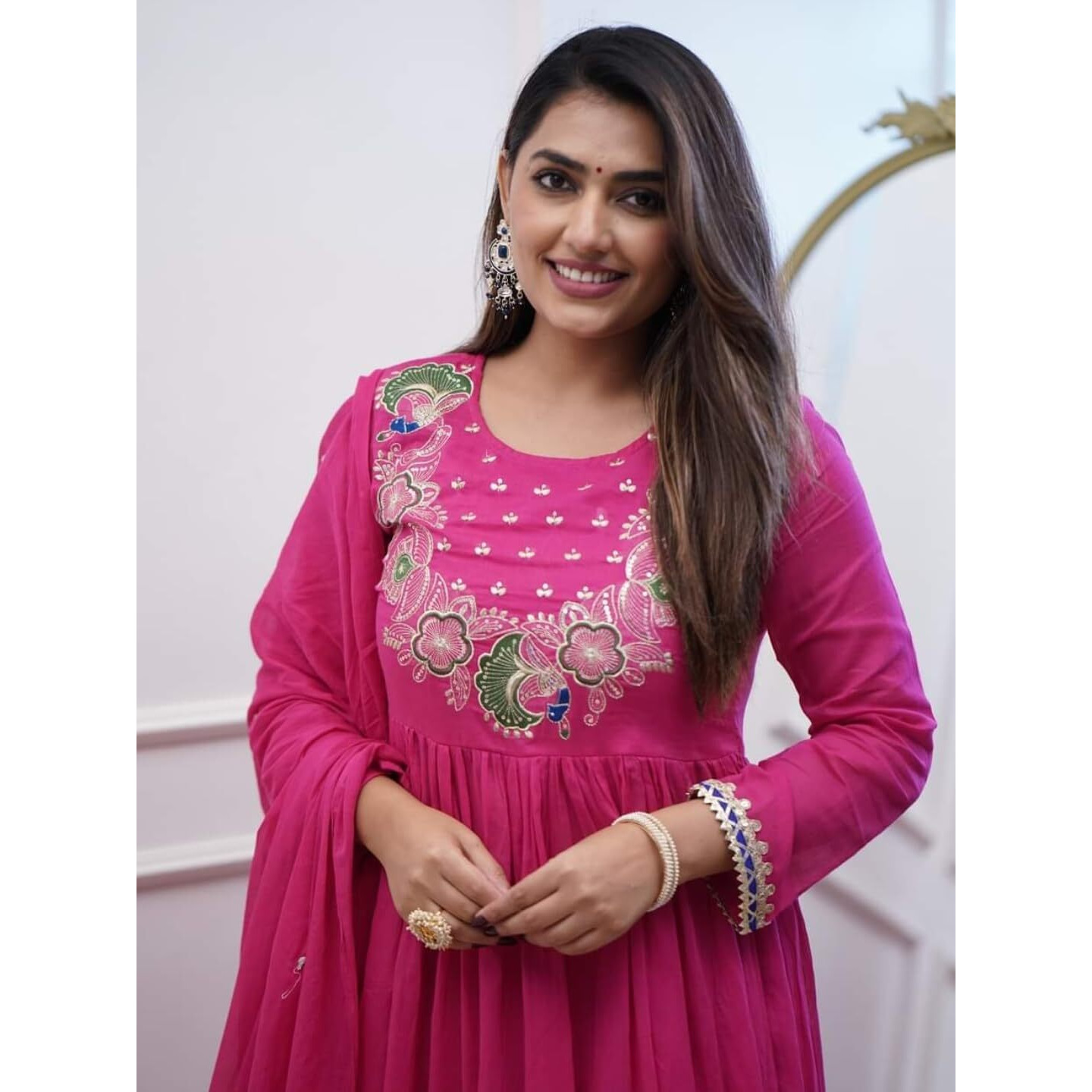 Navlik Women's Chinon Embroidered Straight Kurta Pant and Dupatta Sets (STYL-Morlo) (Size Small, Color Pink)