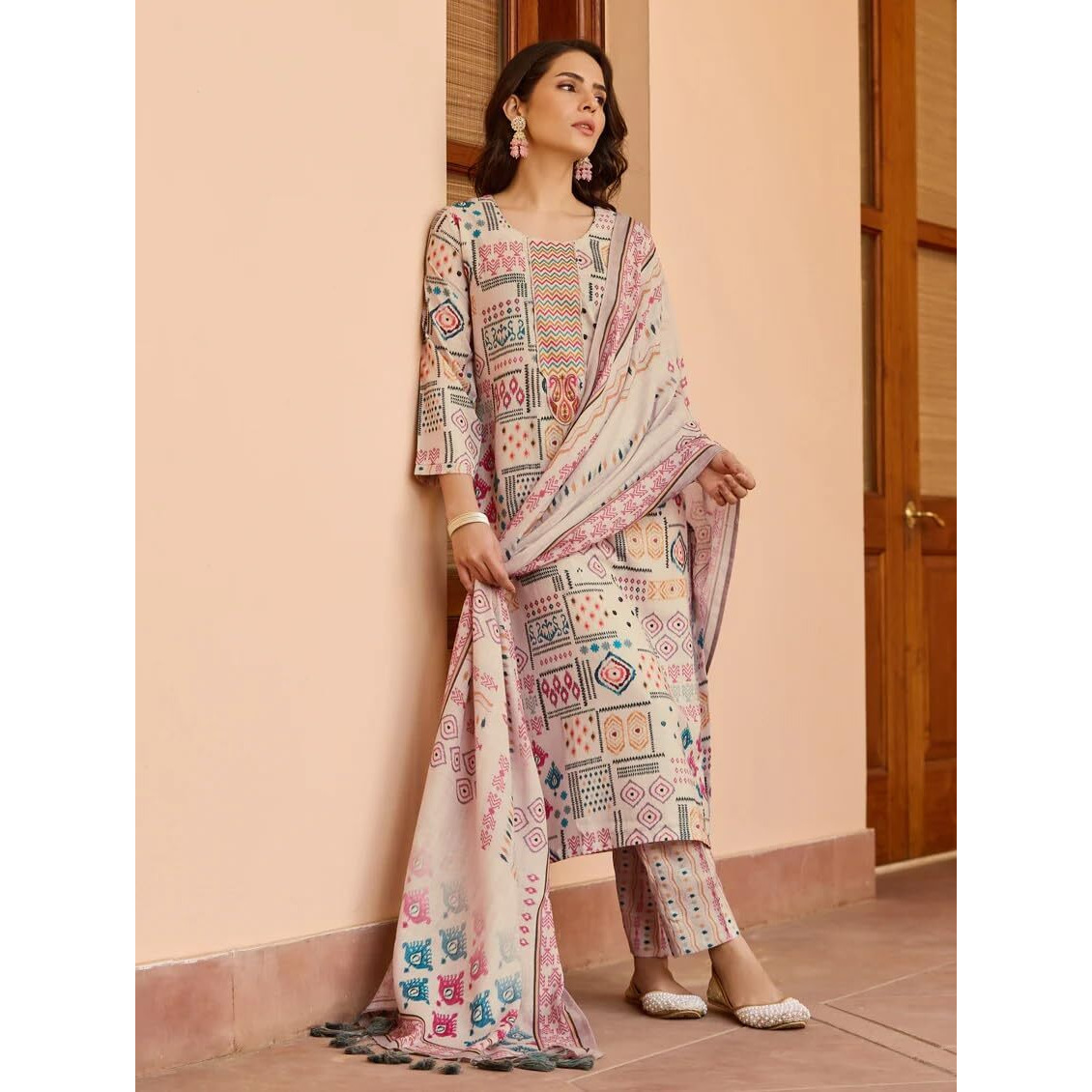 Navlik Women's Chiku Cotton Printed Straight Kurta with Cotton Pant and Chanderi Cotton Printed Dupatta Sets (NK-STYL-Reha) (Size XX-Large, Color Chiku)