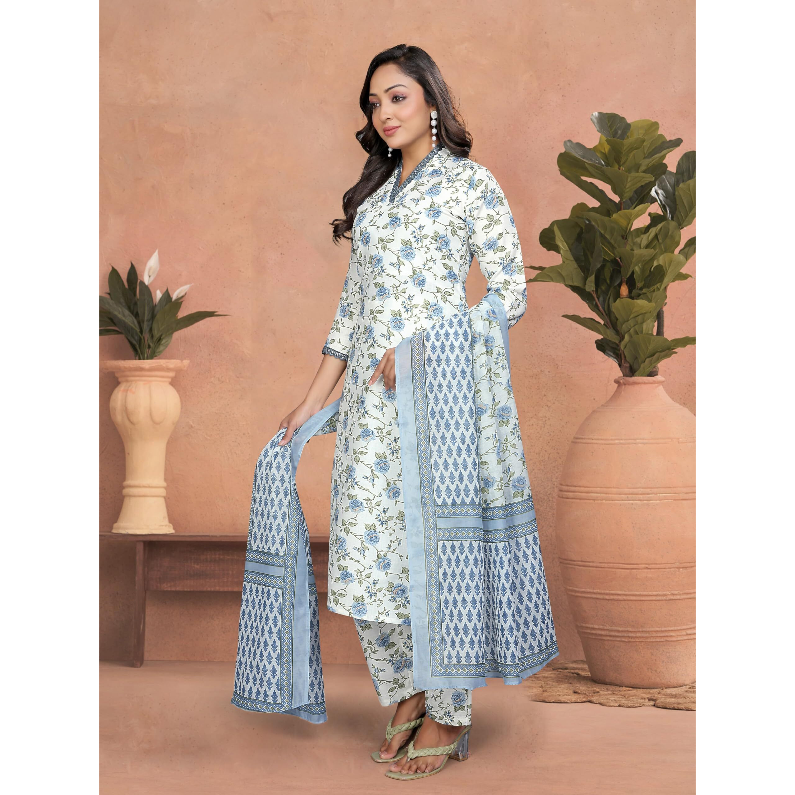 Navlik Women's Cotton Printed Straight Kurta with Pant and Dupatta Sets (STYL-Sangini) (Size Large, Color Teal)