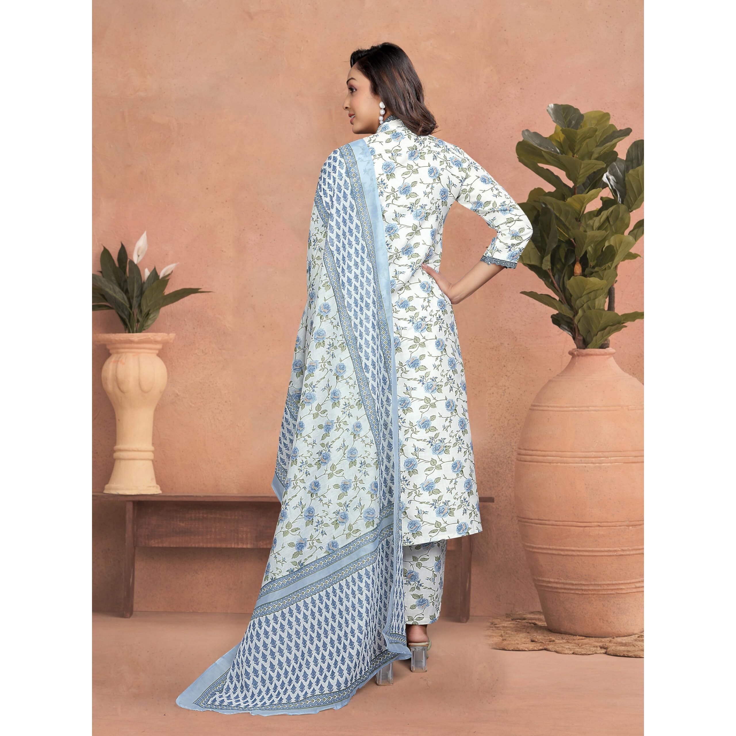 Navlik Women's Cotton Printed Straight Kurta with Pant and Dupatta Sets (STYL-Sangini) (Size Large, Color Teal)