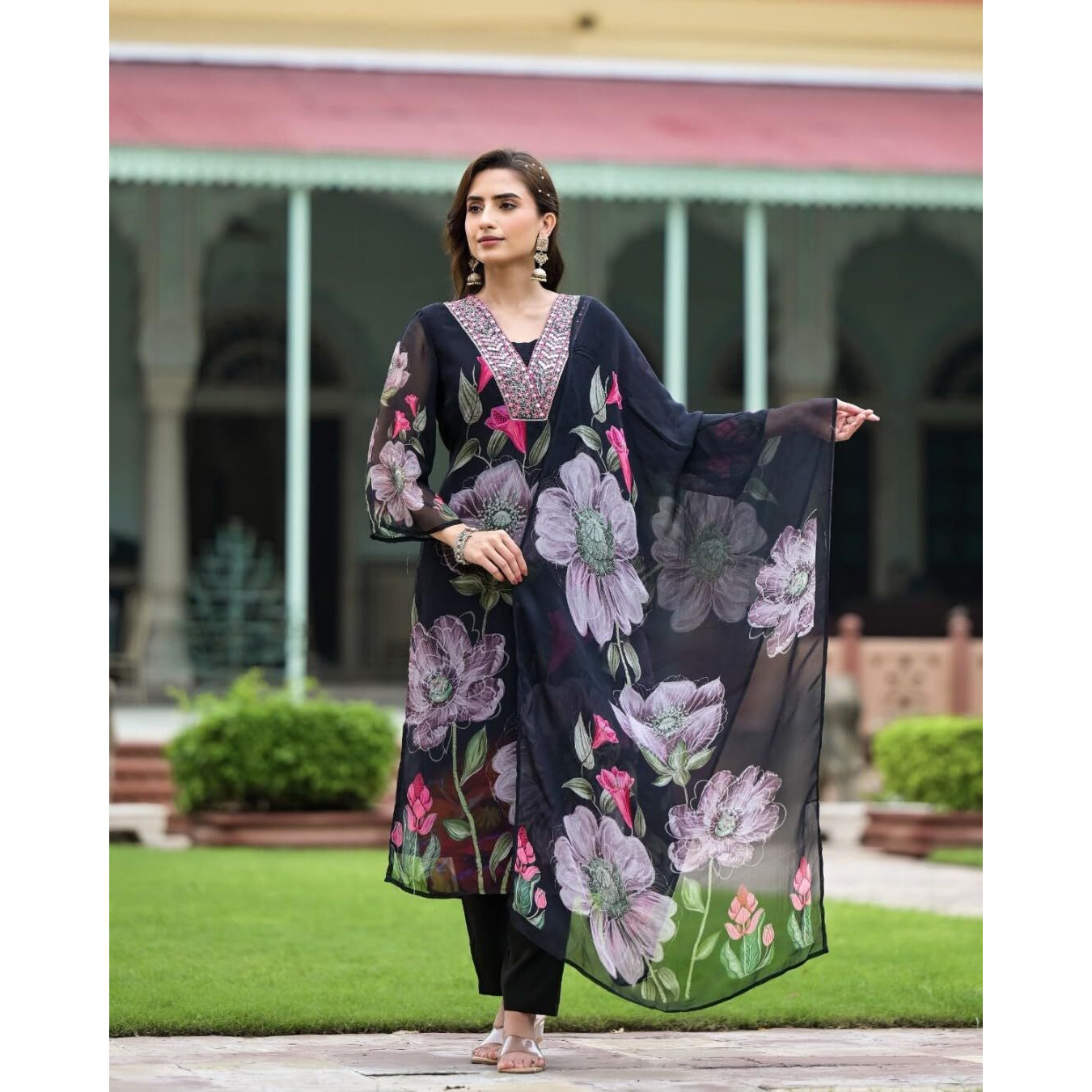 Navlik Women's White Georgette Embroidered and Printed Straight Kurta with Rayon Pant and Georgette Printed Dupatta Sets (NK-STYL-Sonika) (Size Medium, Color Black)