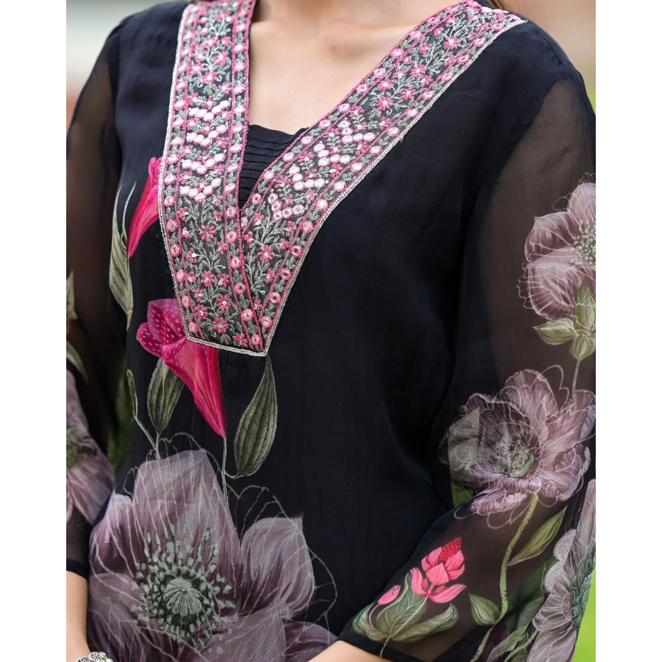 Navlik Women's White Georgette Embroidered and Printed Straight Kurta with Rayon Pant and Georgette Printed Dupatta Sets (NK-STYL-Sonika) (Size XX-Large, Color Black)