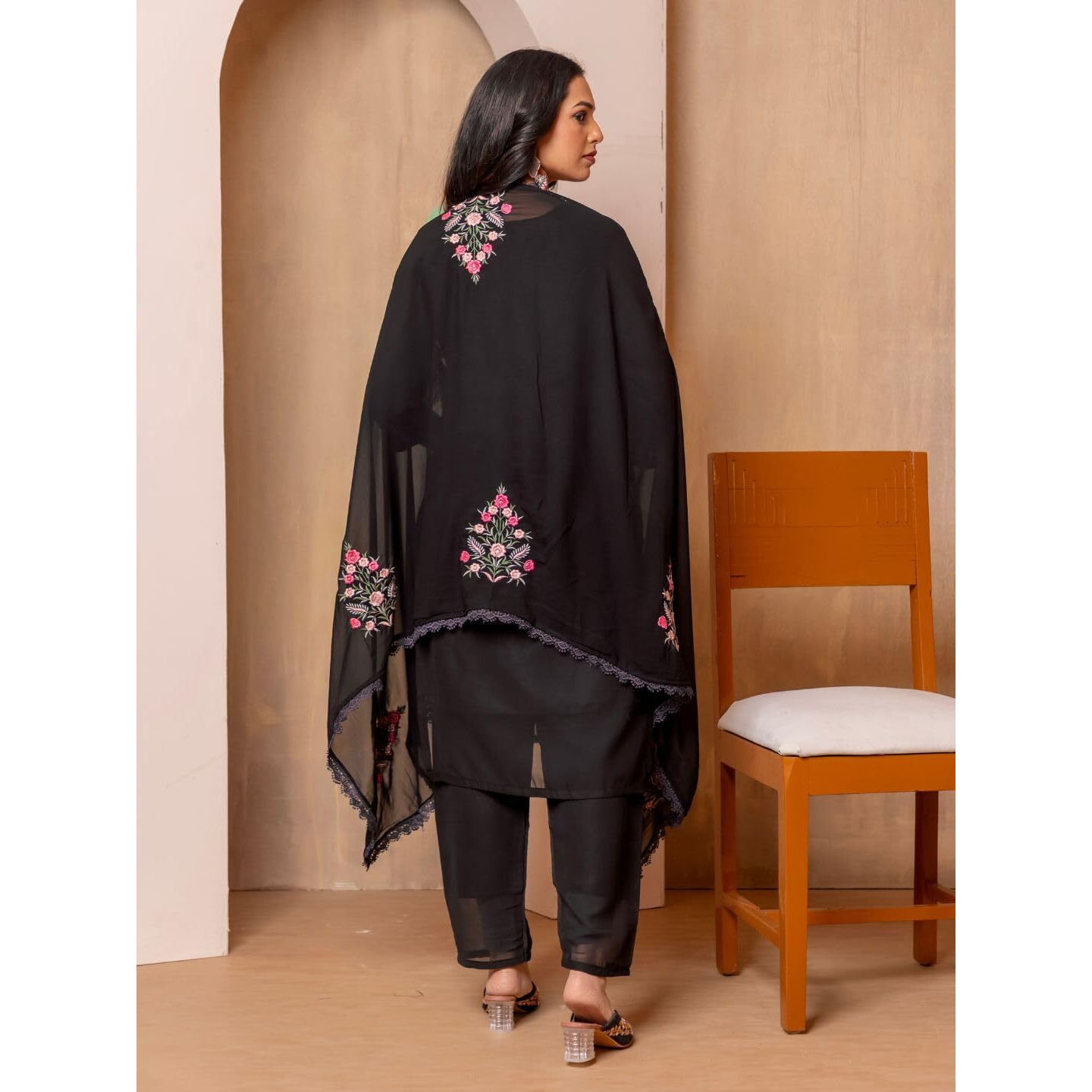 Navlik Women's White Georgette with Inner Embroidered Straight Kurta with Georgette with Cotton Inner Pant and Georgette Embroidered Dupatta Sets (NK-STYL-Suchi) (Size Small, Color Black)