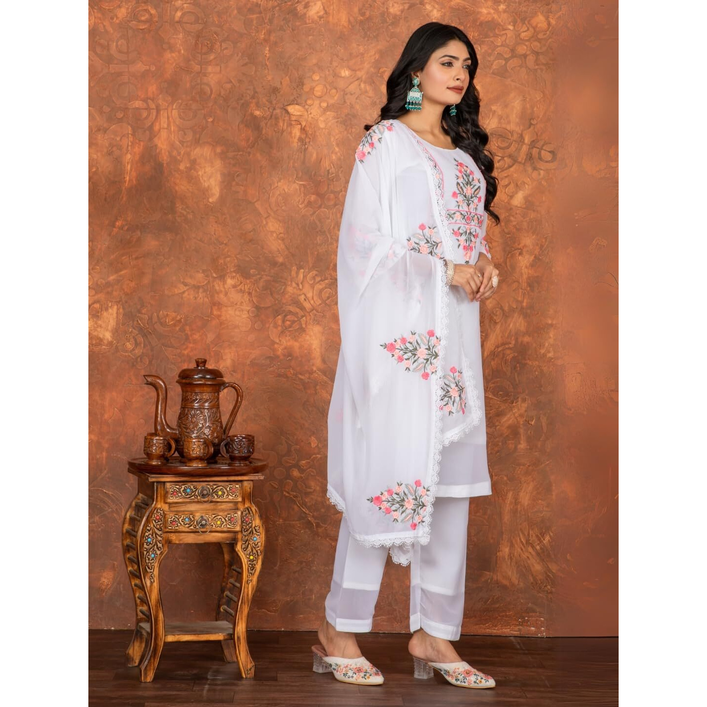 Navlik Women's White Georgette with Inner Embroidered Straight Kurta with Georgette with Cotton Inner Pant and Georgette Embroidered Dupatta Sets (NK-STYL-Suchi) (Size Large, Color White)