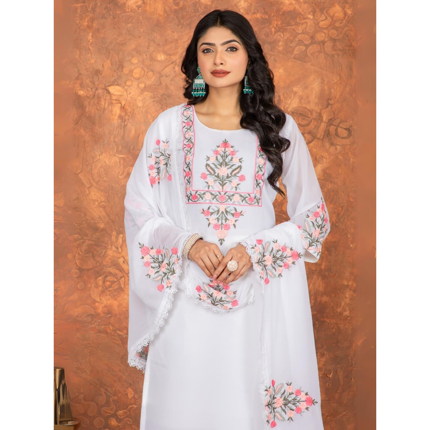 Navlik Women's White Georgette with Inner Embroidered Straight Kurta with Georgette with Cotton Inner Pant and Georgette Embroidered Dupatta Sets (NK-STYL-Suchi) (Size Large, Color White)