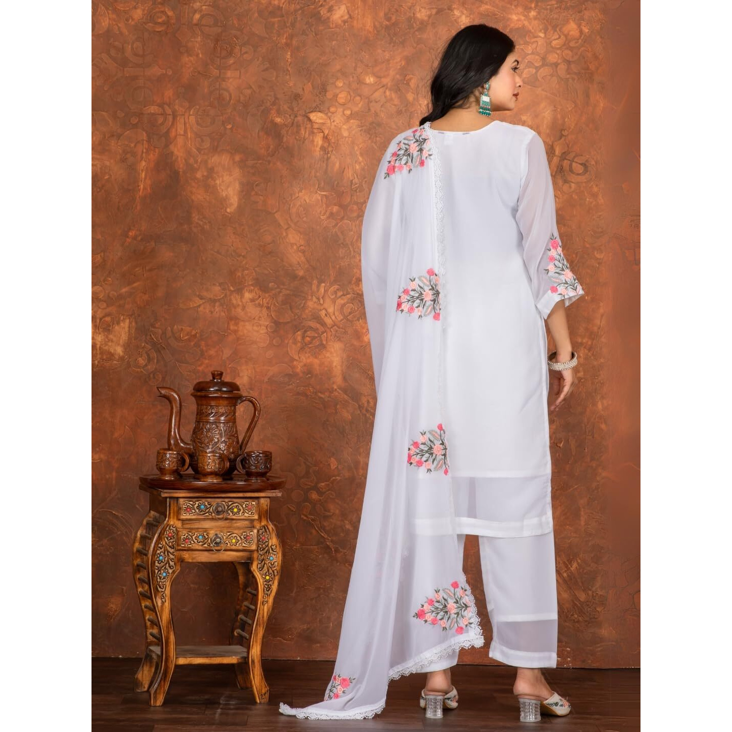 Navlik Women's White Georgette with Inner Embroidered Straight Kurta with Georgette with Cotton Inner Pant and Georgette Embroidered Dupatta Sets (NK-STYL-Suchi) (Size XX-Large, Color White)