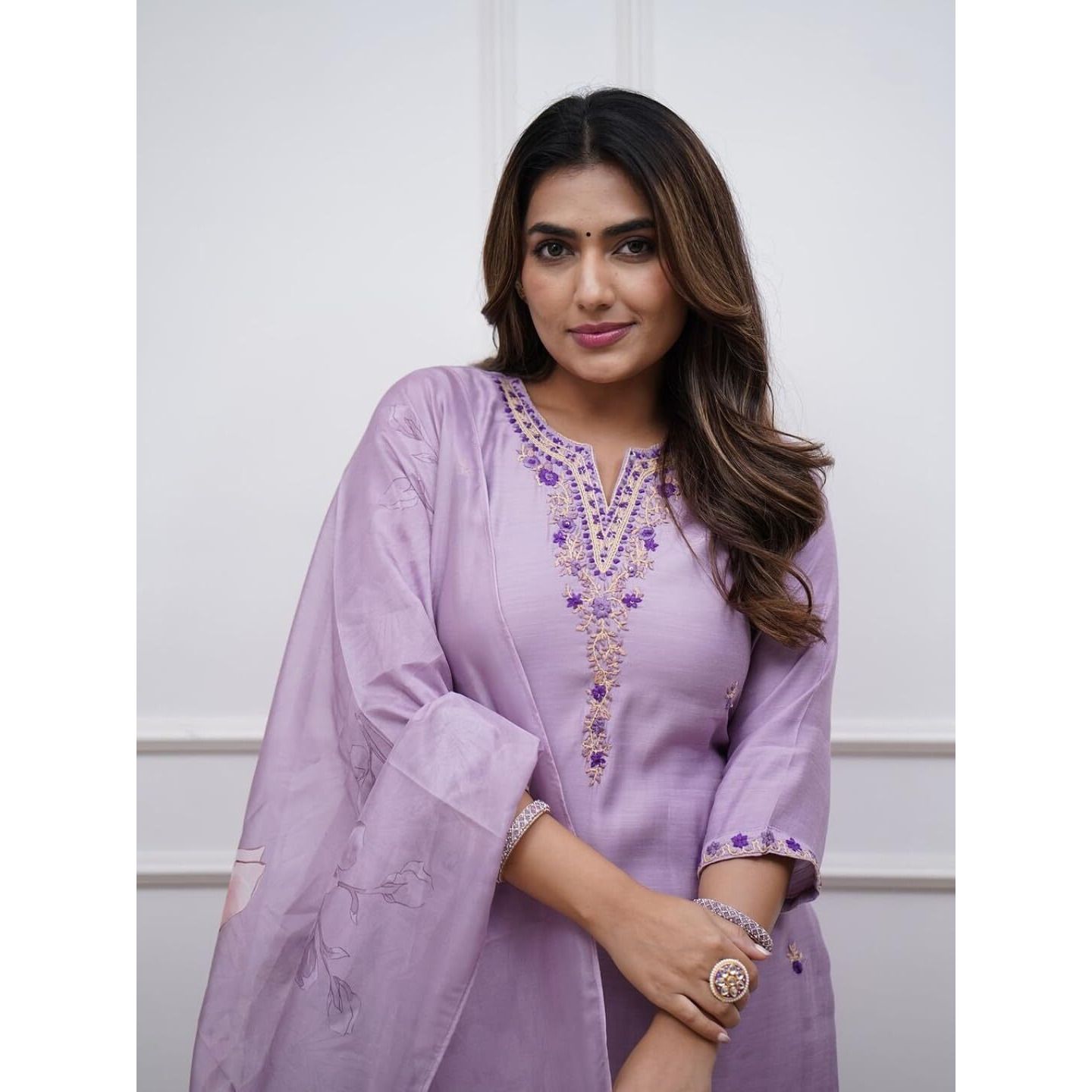 Navlik Women's Rayon Slub Embroidered Straight Kurta with Pant and Dupatta Sets (STYL-Vibhuti) (Size Large, Color Purple)