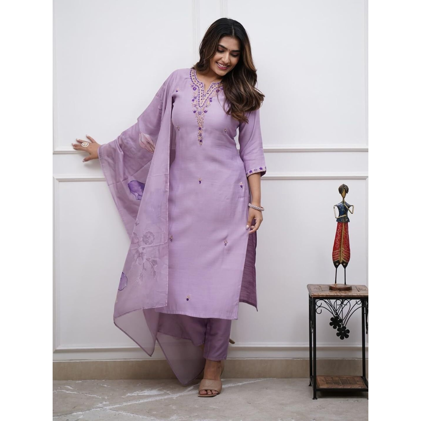 Navlik Women's Rayon Slub Embroidered Straight Kurta with Pant and Dupatta Sets (STYL-Vibhuti) (Size Small, Color Purple)