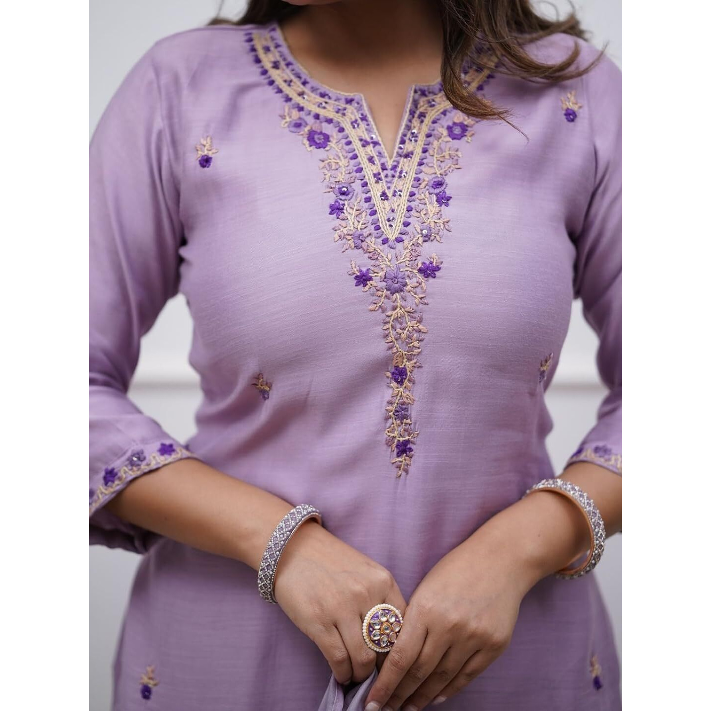 Navlik Women's Rayon Slub Embroidered Straight Kurta with Pant and Dupatta Sets (STYL-Vibhuti) (Size Small, Color Purple)
