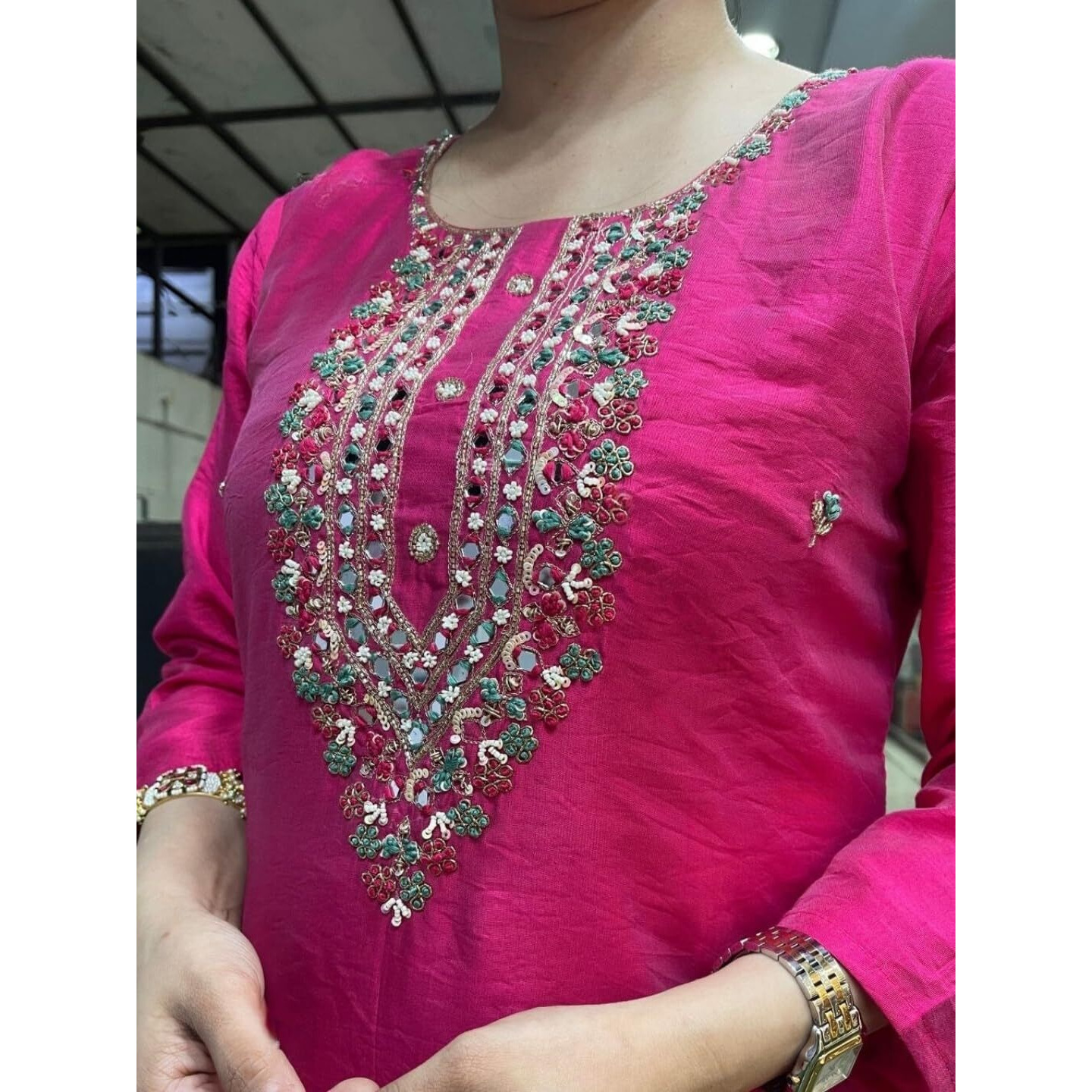 Navlik Women's Chanderi Viscose Embroidered Straight Kurta with Pant and Dupatta Sets (S-Zara) (Size Small, Color Rani)