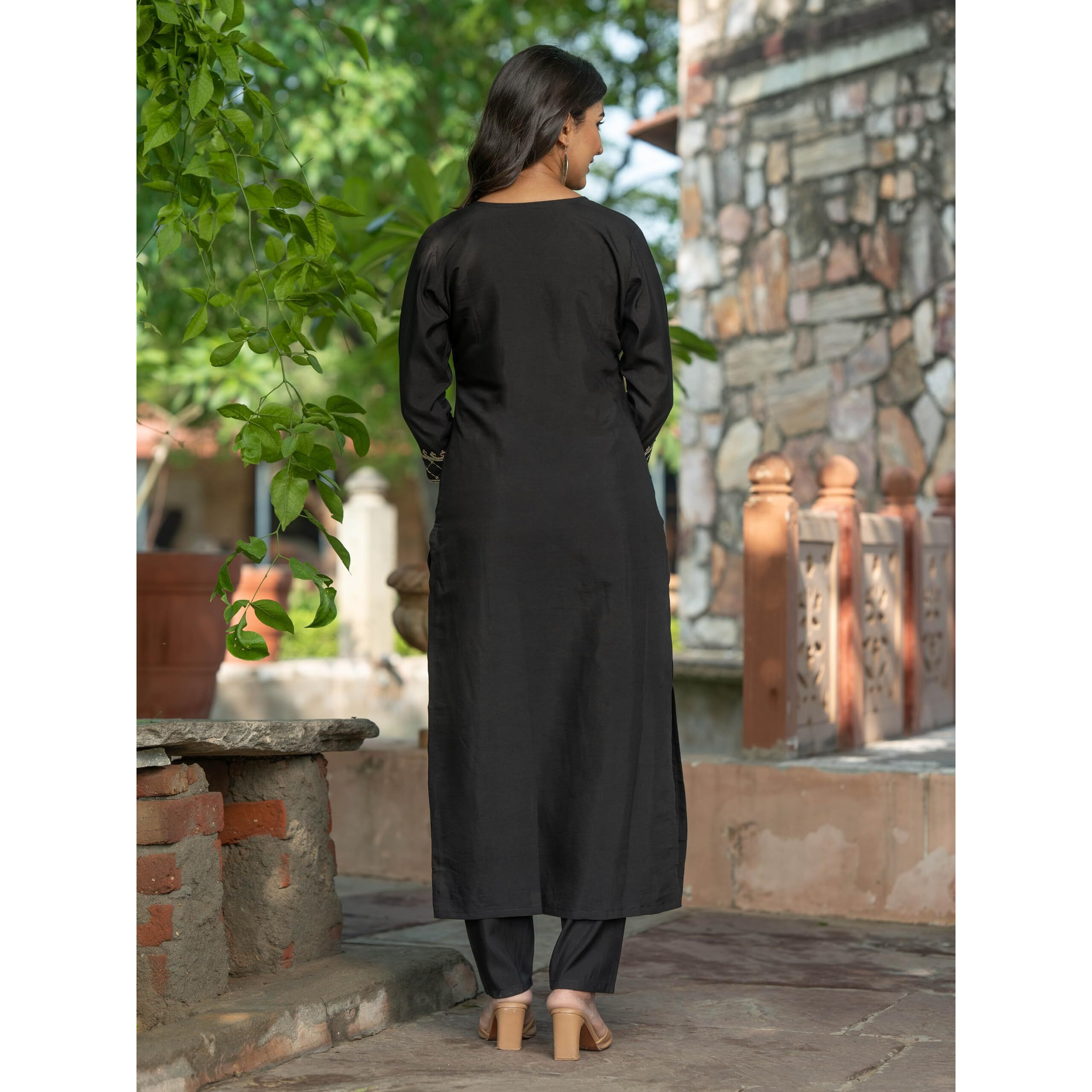 Navlik Women's Viscose Silk Embroidered Straight Kurta with Pant and Dupatta Sets (S-Zareen) (Size Large, Color Black)