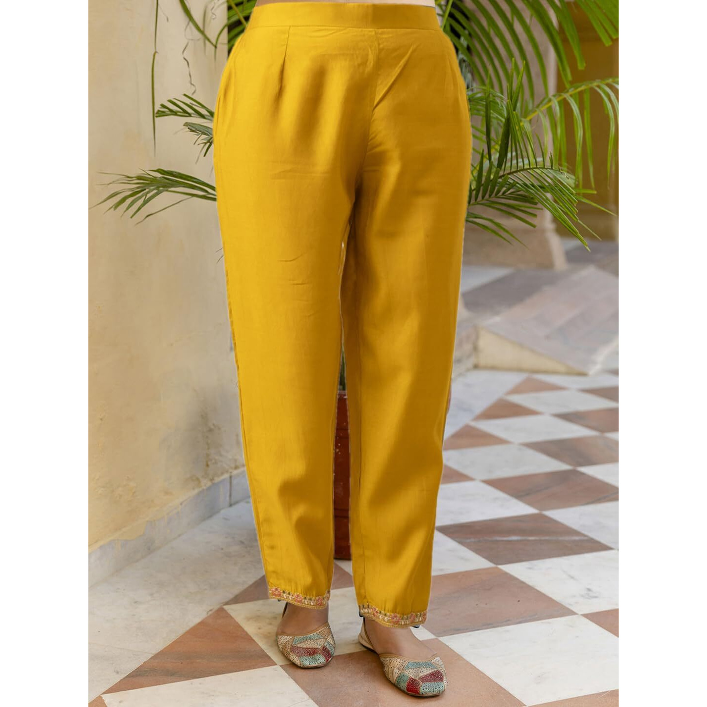 Navlik Women's Chanderi Viscose Embroidered Straight Kurta with Pant and Dupatta Sets (S-Zia) (Size Large, Color Mustard)