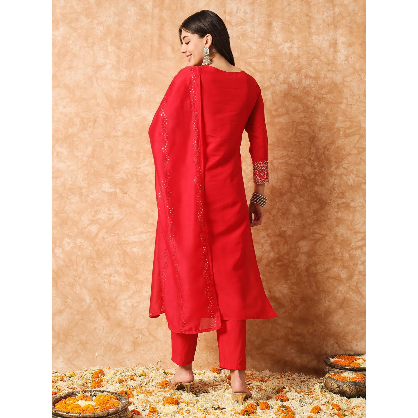 NAVLIK Women's Chanderi Silk Embroidered Straight Kurta with Pant And Dupatta Sets (NK2-426)