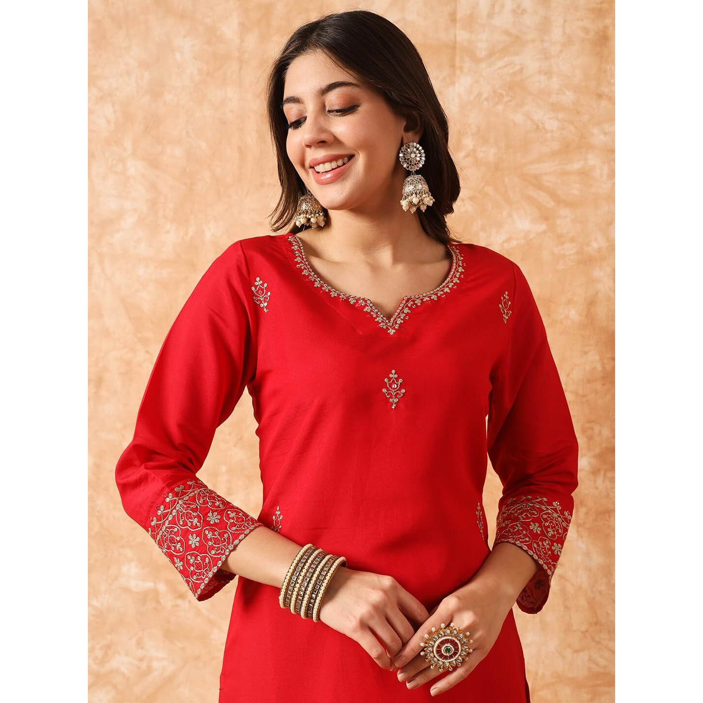 NAVLIK Women's Chanderi Silk Embroidered Straight Kurta with Pant And Dupatta Sets (NK2-426)