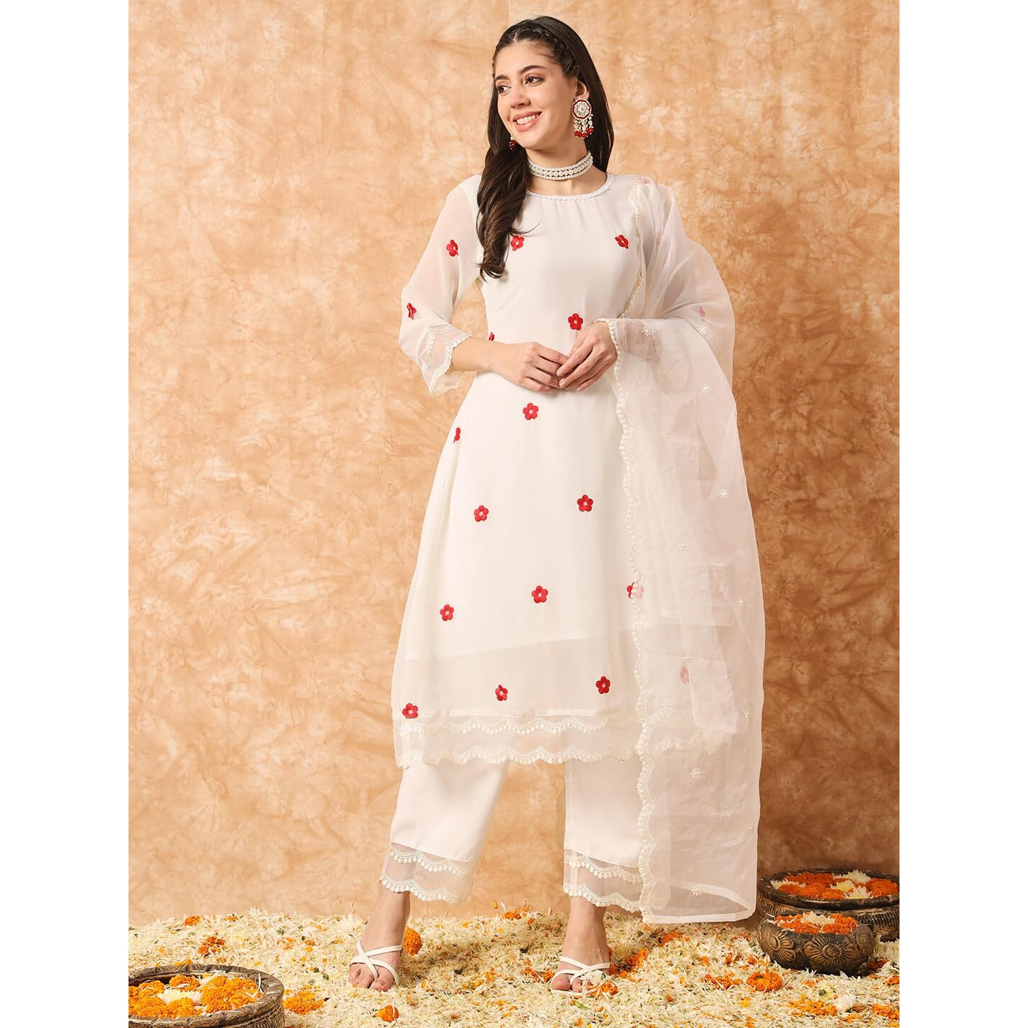 Navlik Women's Offwhite Georgette With Cotton Lining Embroidered A-line Kurta with Rayon Pant and Organza Laced Dupatta Sets