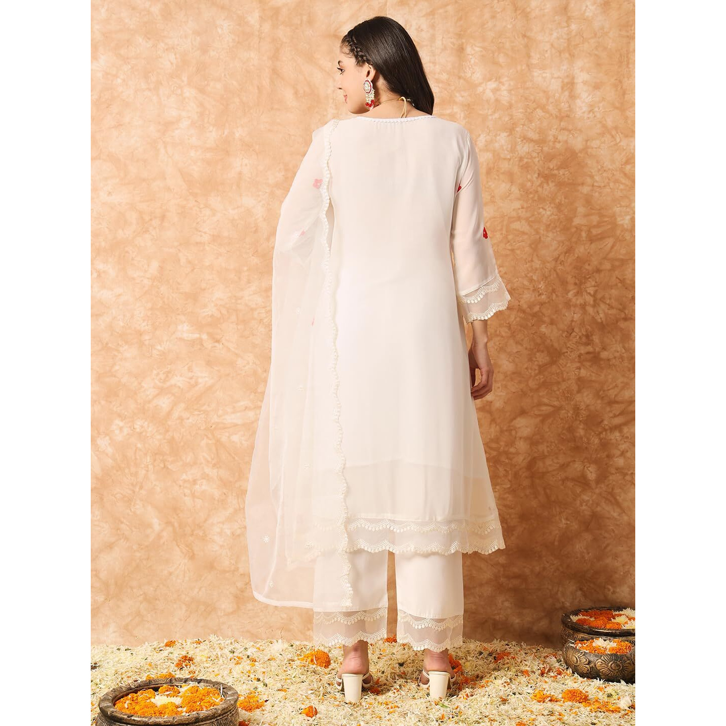 Navlik Women's Offwhite Georgette With Cotton Lining Embroidered A-line Kurta with Rayon Pant and Organza Laced Dupatta Sets