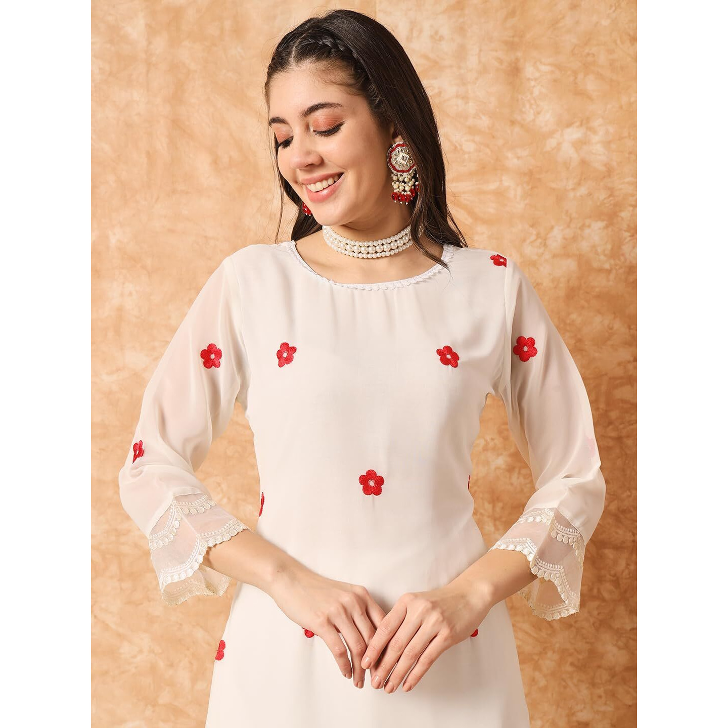 Navlik Women's Offwhite Georgette With Cotton Lining Embroidered A-line Kurta with Rayon Pant and Organza Laced Dupatta Sets