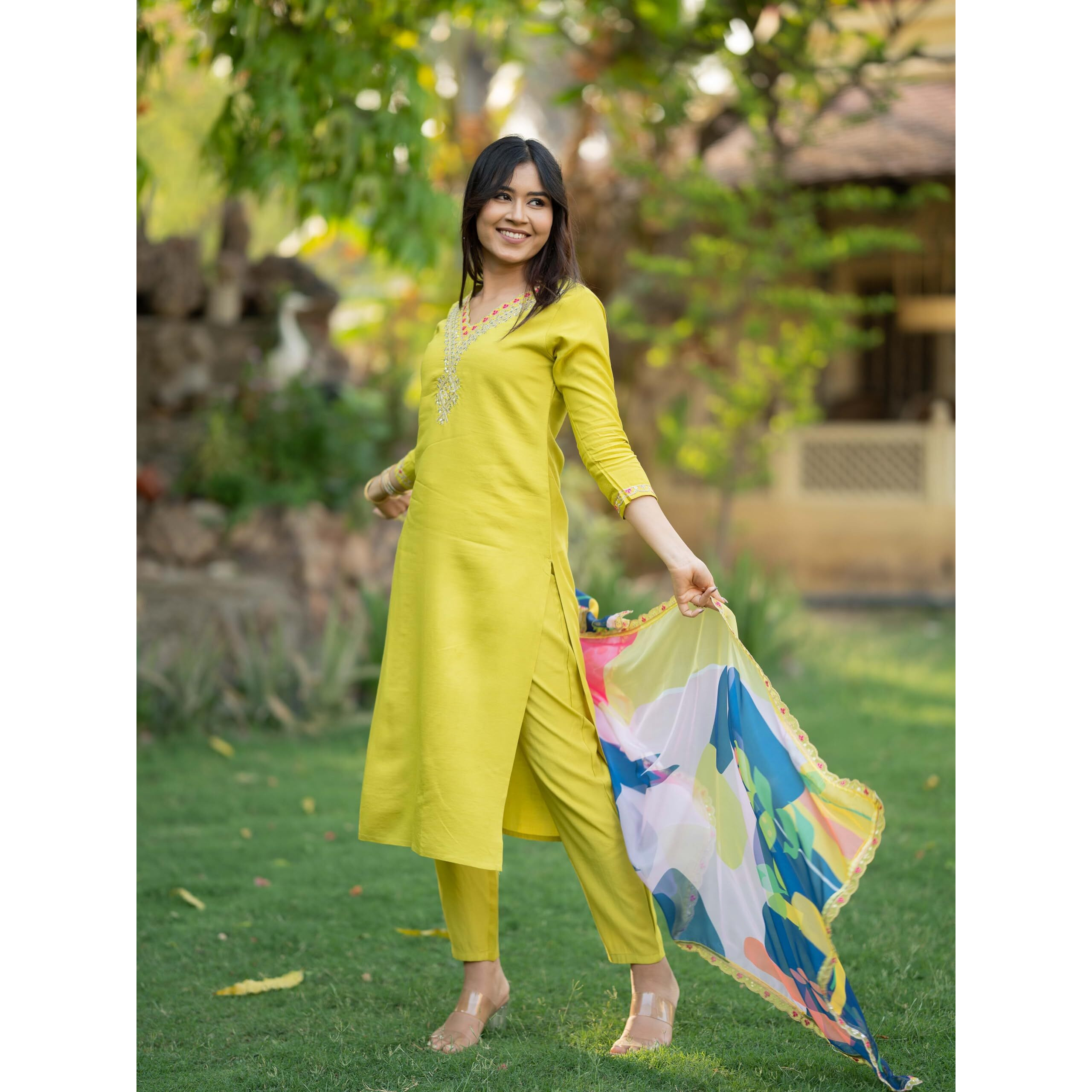 Navlik Women's Lemon Viscose Embroidered Straight Kurta with Viscose Pant and Silk Blend Printed Dupatta Sets
