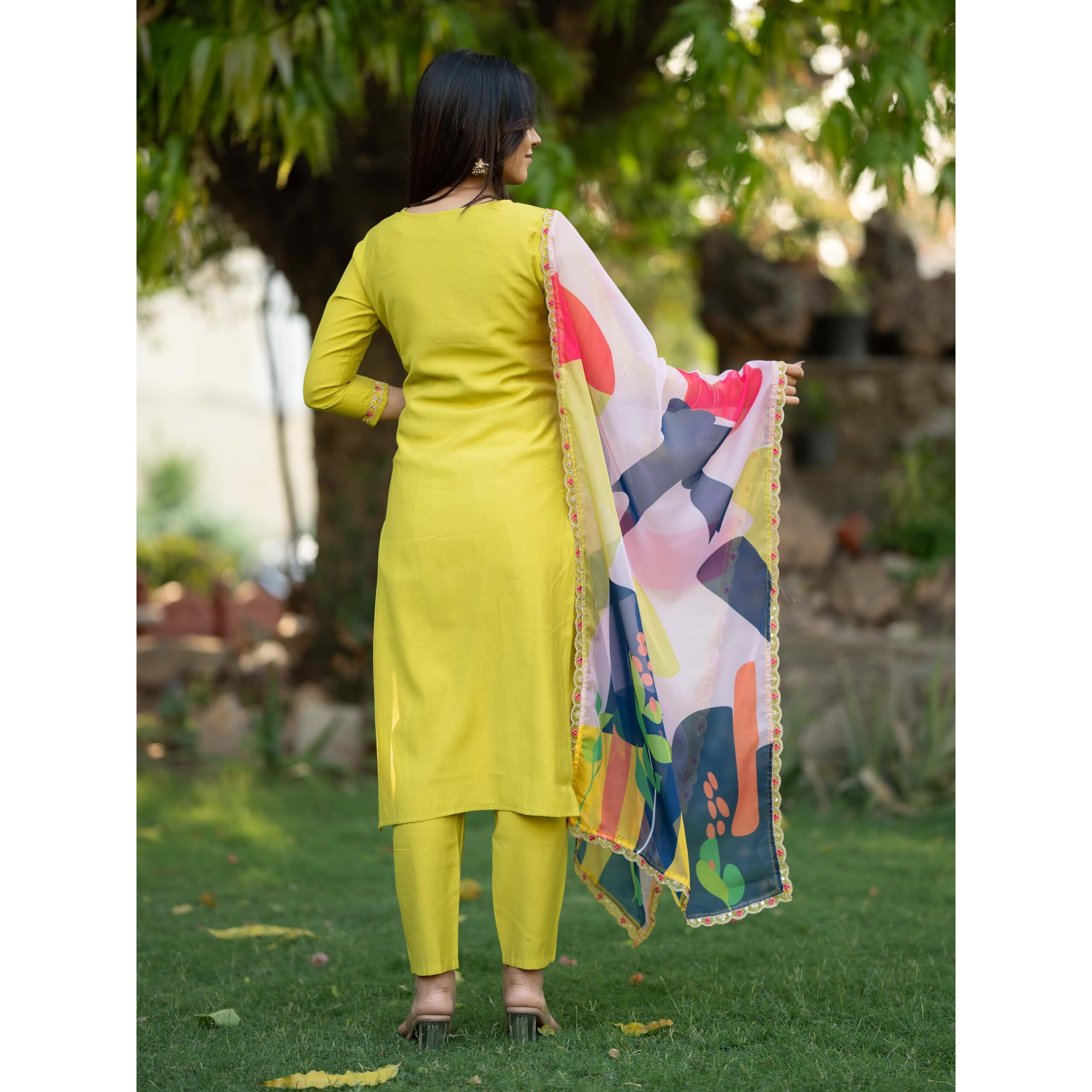 Navlik Women's Lemon Viscose Embroidered Straight Kurta with Viscose Pant and Silk Blend Printed Dupatta Sets