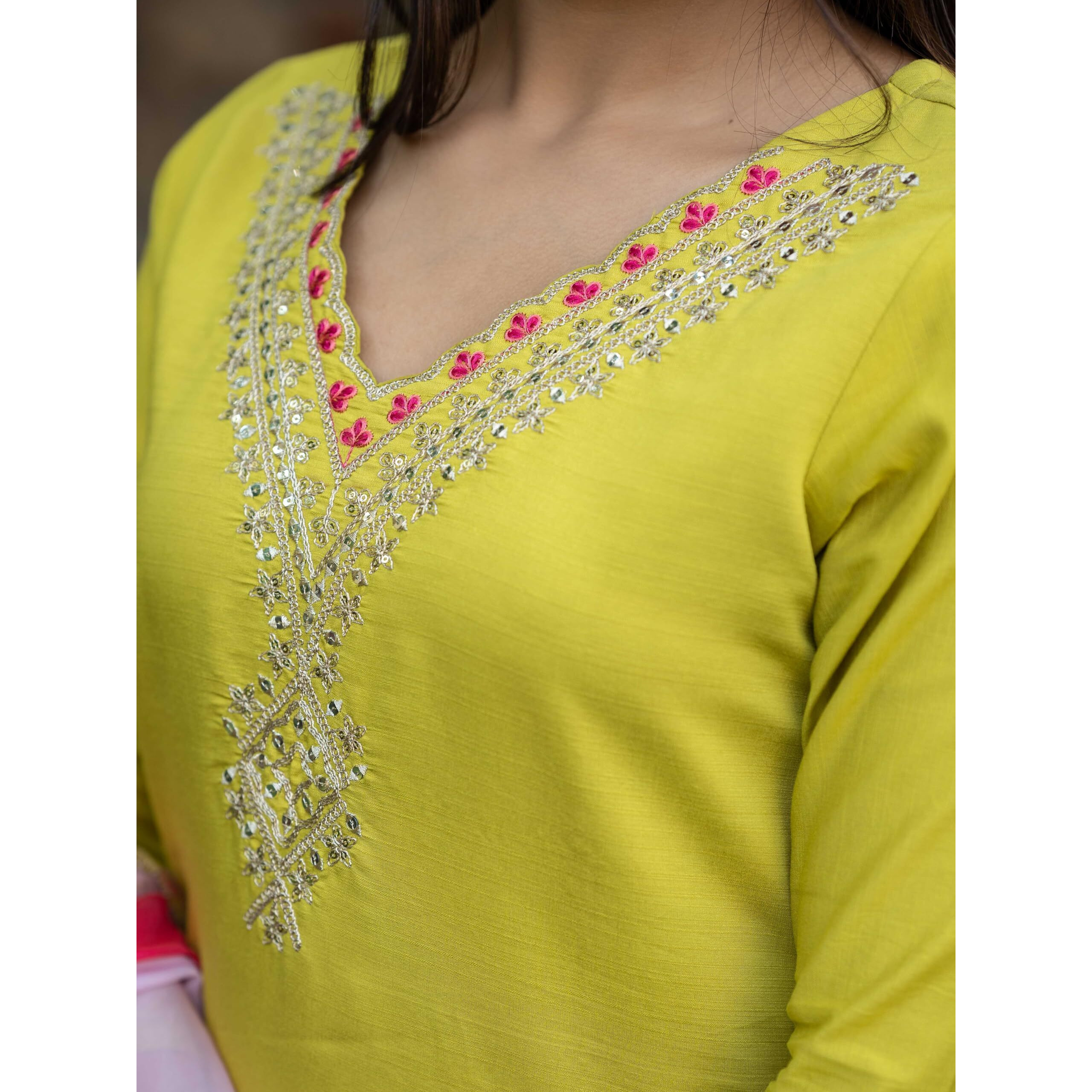Navlik Women's Lemon Viscose Embroidered Straight Kurta with Viscose Pant and Silk Blend Printed Dupatta Sets