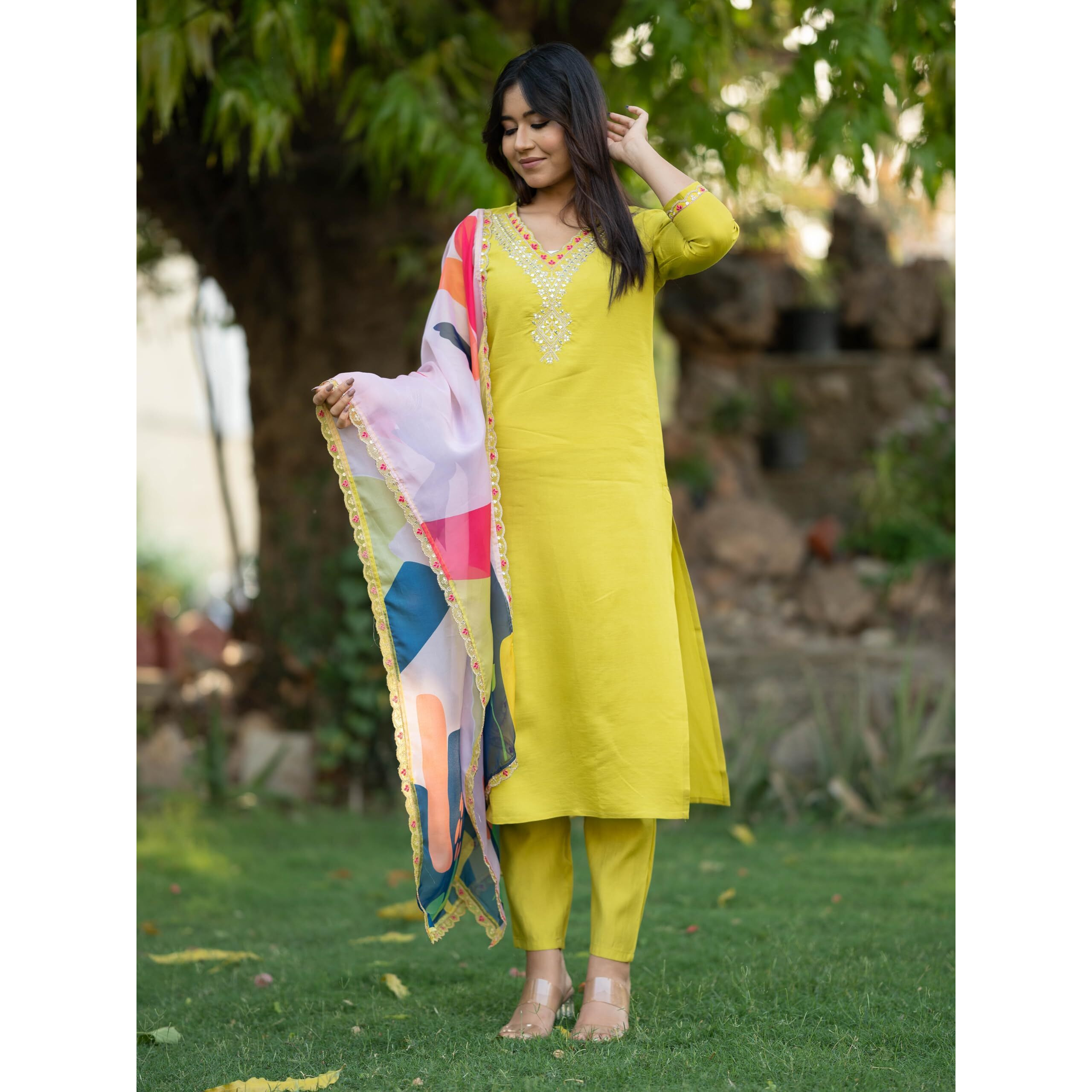 Navlik Women's Lemon Viscose Embroidered Straight Kurta with Viscose Pant and Silk Blend Printed Dupatta Sets