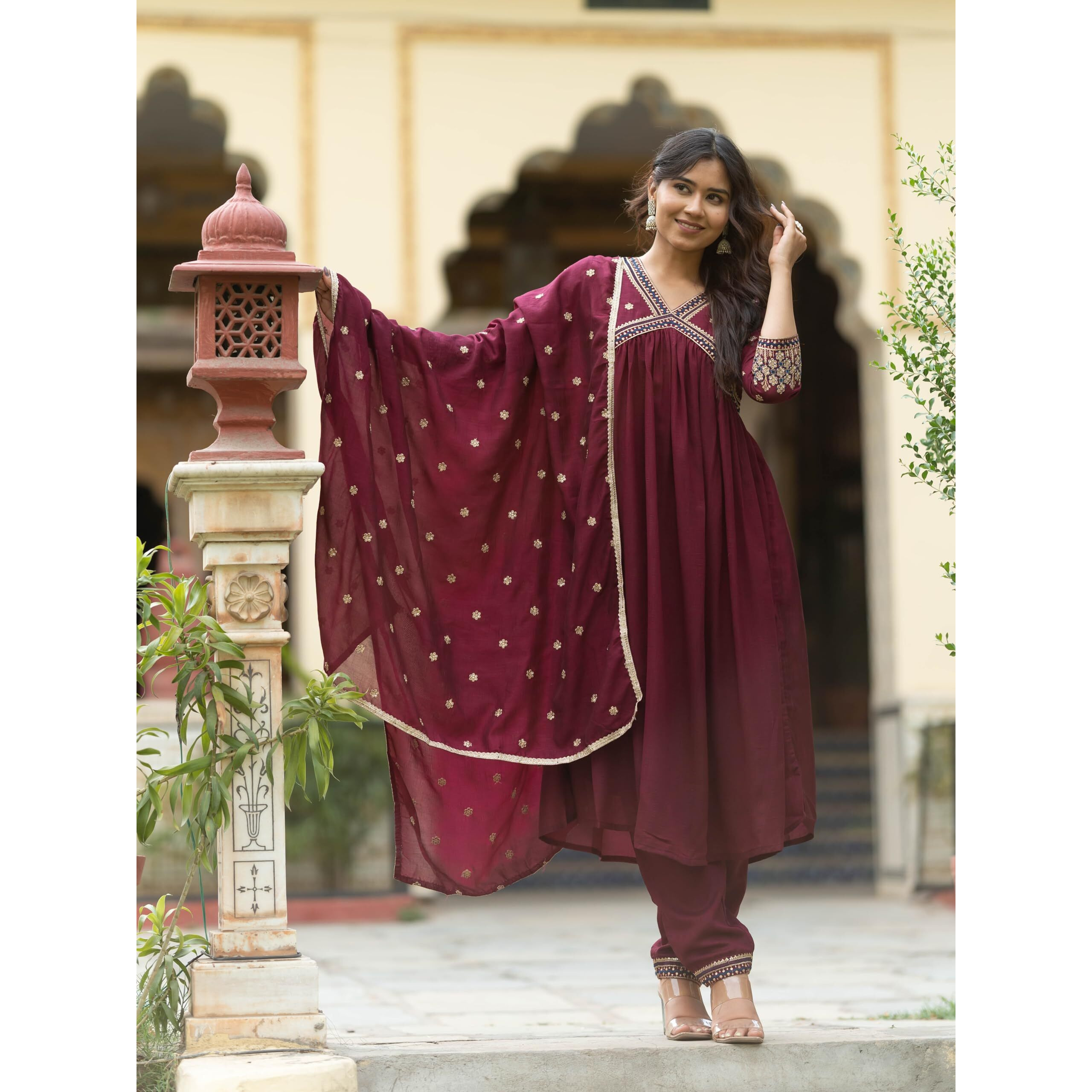 Navlik Women's Wine Vichitra Silk Embroidered A-line Kurta with Vichitra Silk Pant and Chinon Embroidered Dupatta Sets