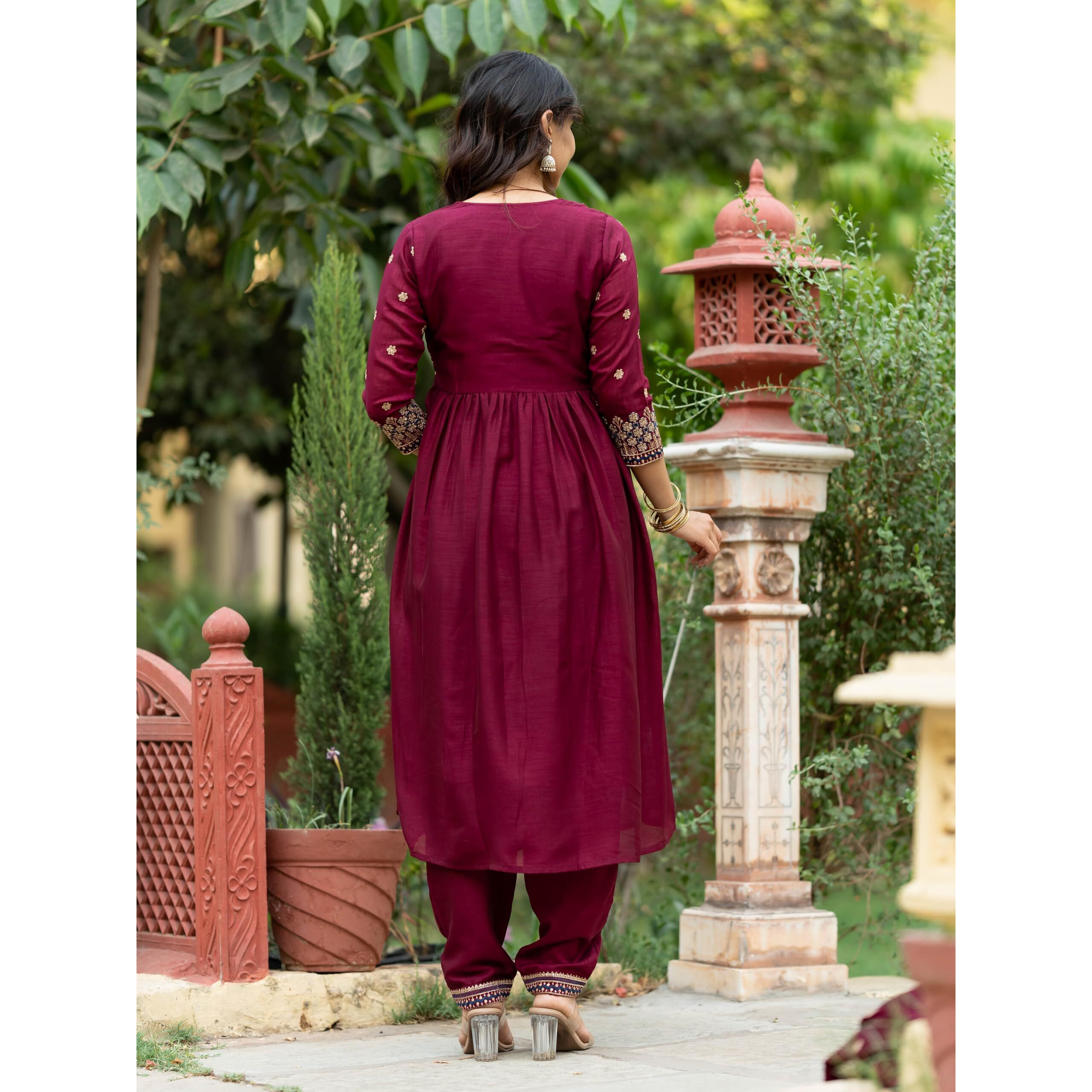 Navlik Women's Wine Vichitra Silk Embroidered A-line Kurta with Vichitra Silk Pant and Chinon Embroidered Dupatta Sets