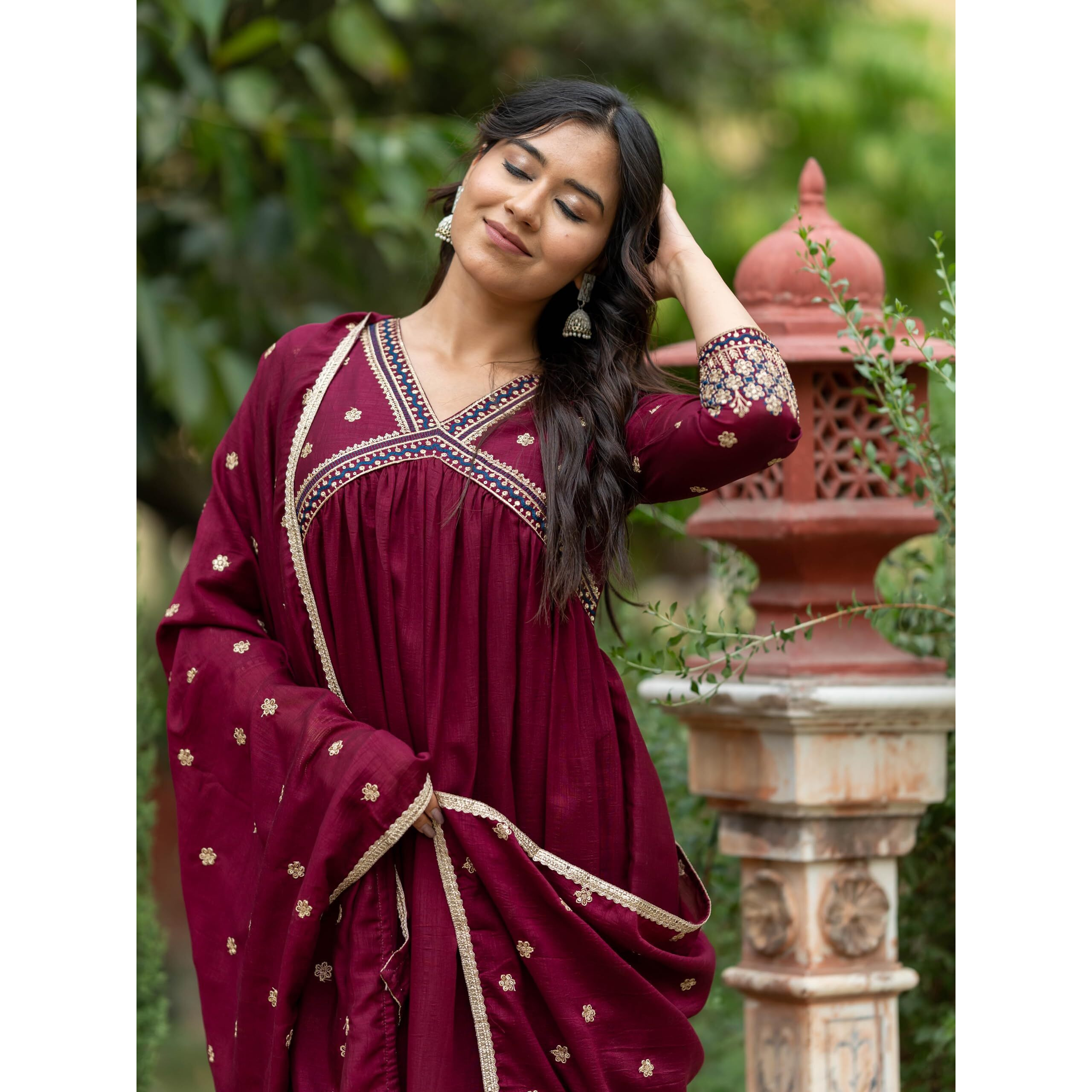 Navlik Women's Wine Vichitra Silk Embroidered A-line Kurta with Vichitra Silk Pant and Chinon Embroidered Dupatta Sets