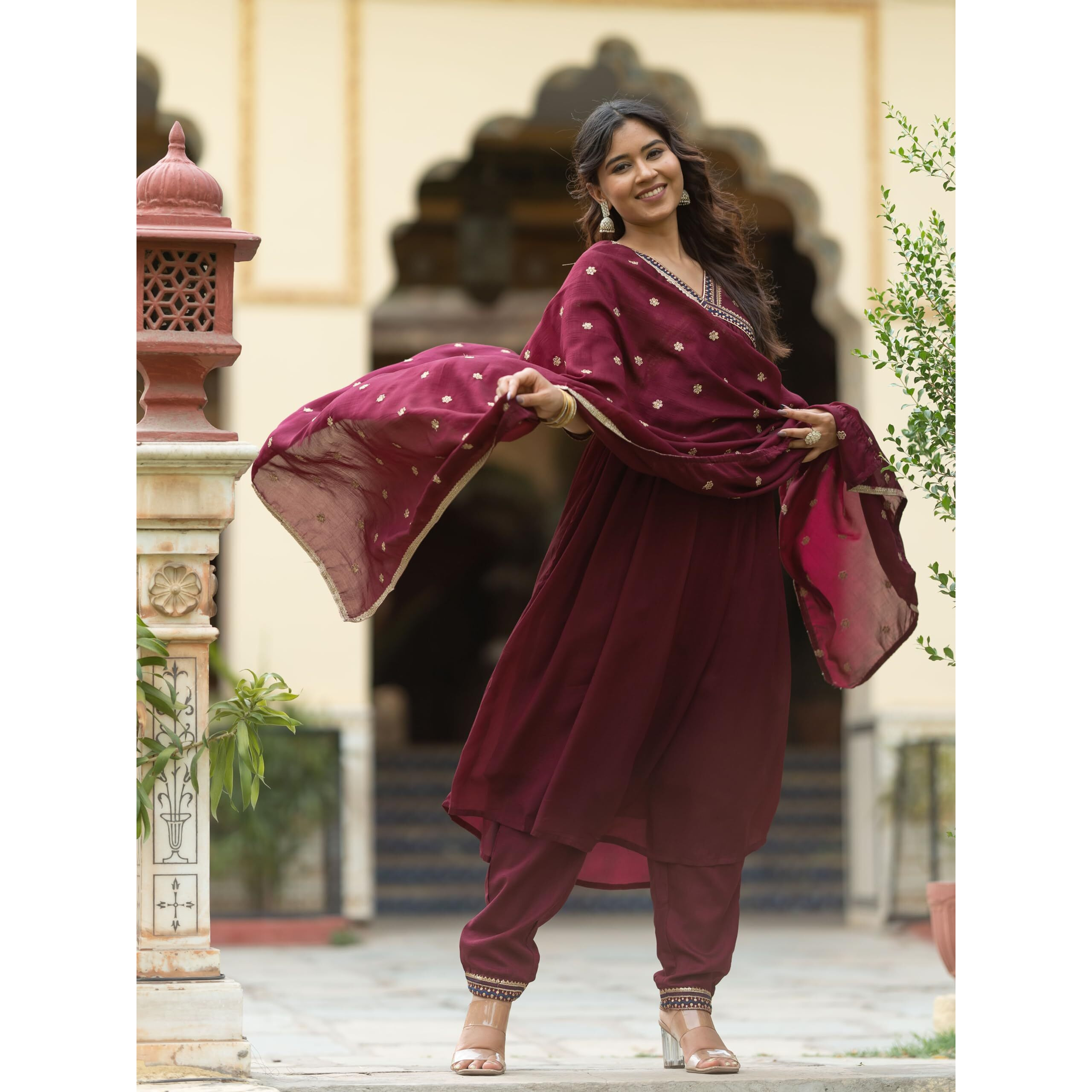 Navlik Women's Wine Vichitra Silk Embroidered A-line Kurta with Vichitra Silk Pant and Chinon Embroidered Dupatta Sets