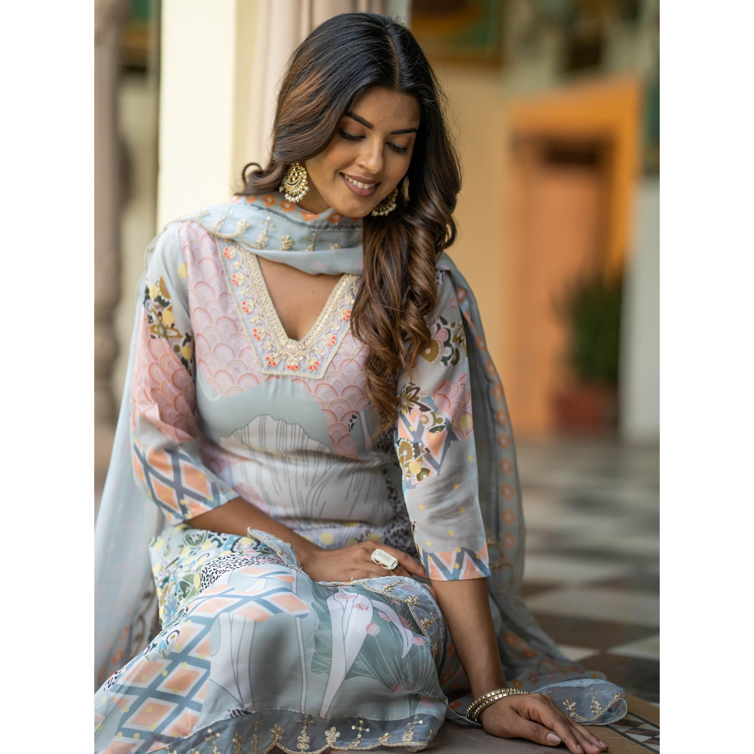 Navlik Women's Organza Embroidered Straight Kurta with Pant and Dupatta Sets (NK2-453)
