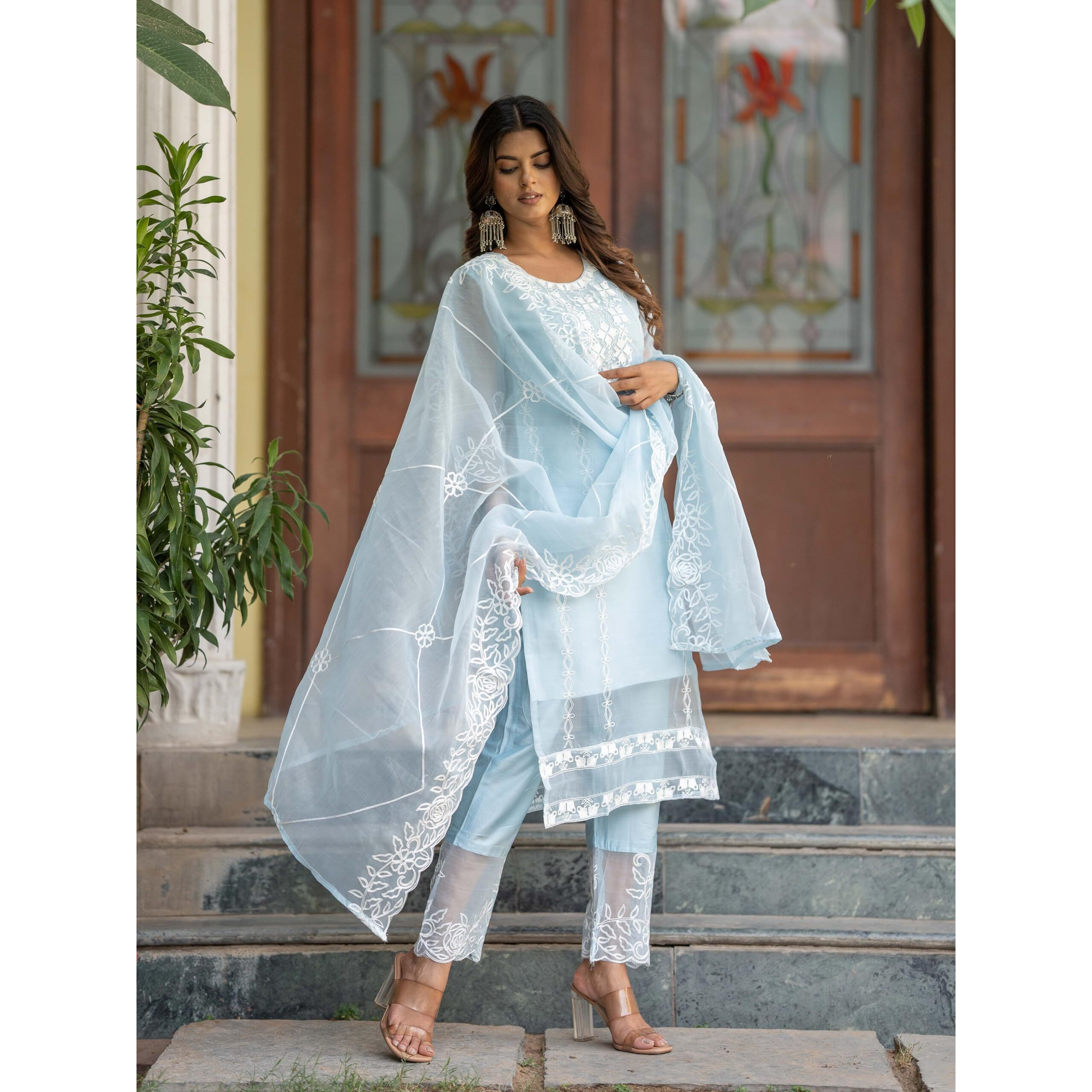 Navlik Women's Organza Embroidered Straight Kurta with Pant and Dupatta Sets (NK2-466)