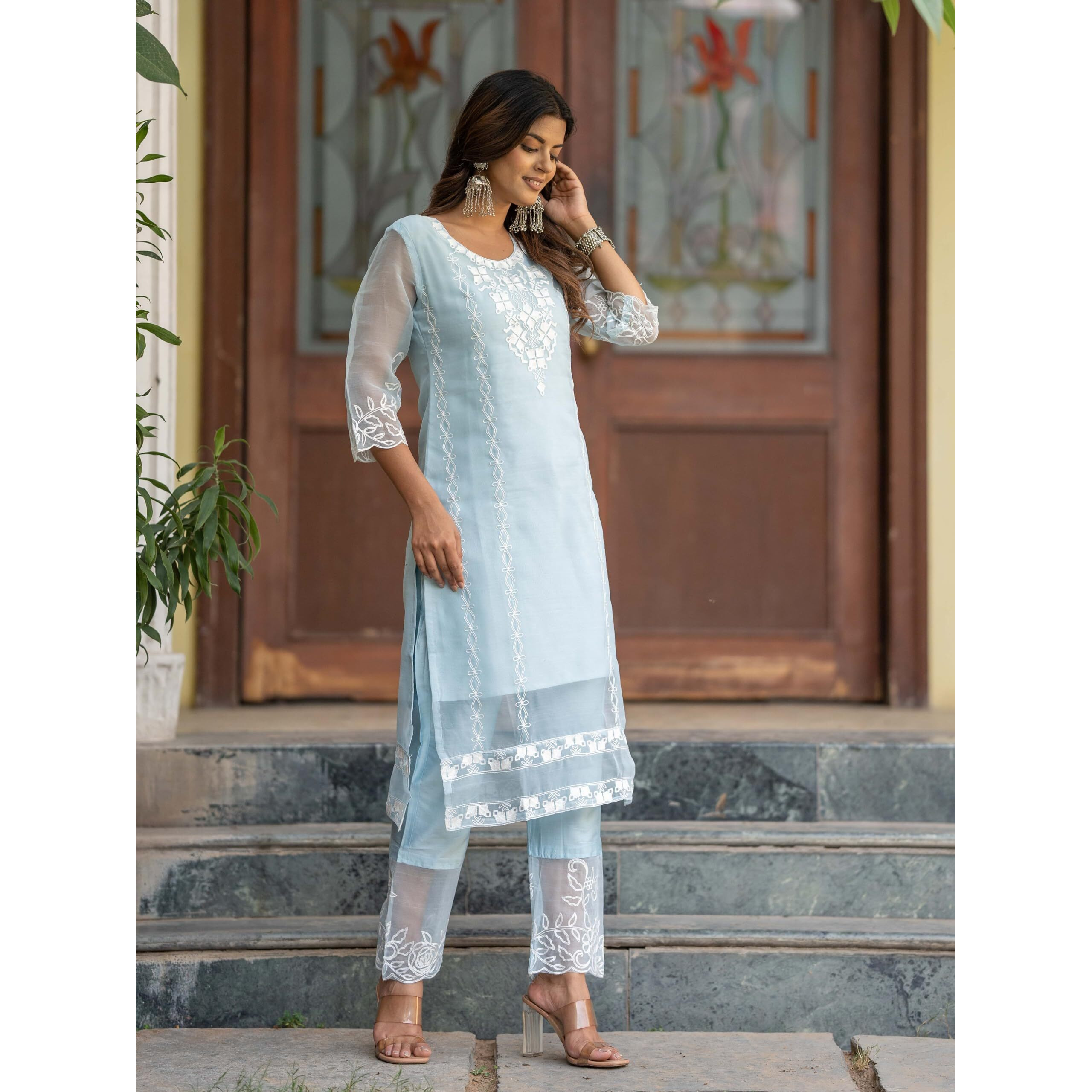 Navlik Women's Organza Embroidered Straight Kurta with Pant and Dupatta Sets (NK2-466)