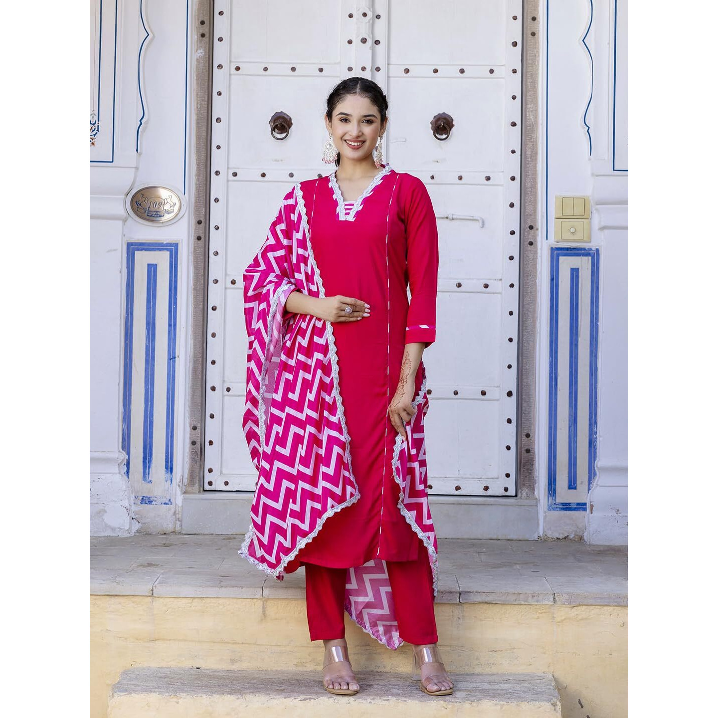Navlik Women's Viscose Embroidered Straight Kurta with Pant and Dupatta Sets (NK-447)