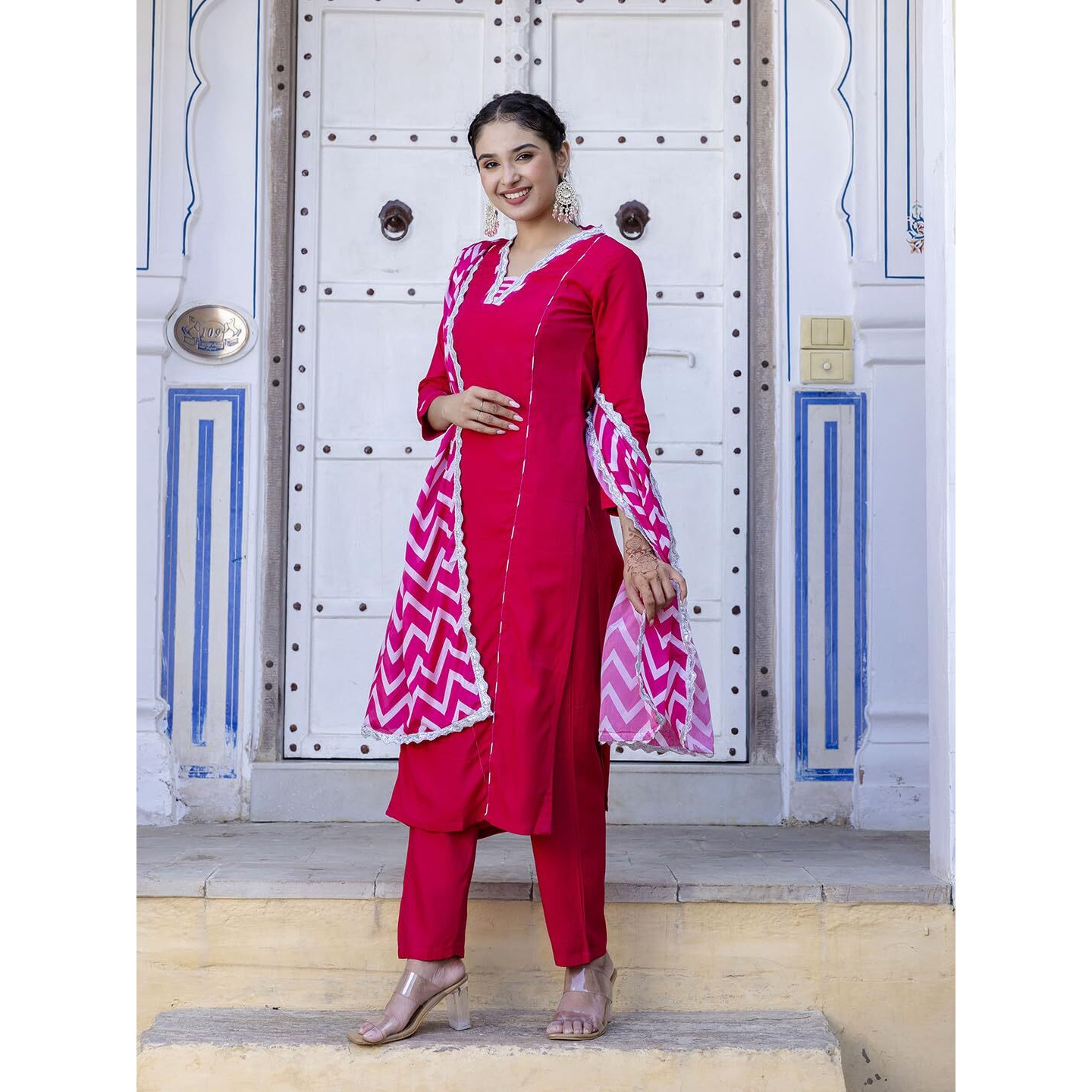 Navlik Women's Viscose Embroidered Straight Kurta with Pant and Dupatta Sets (NK-447)