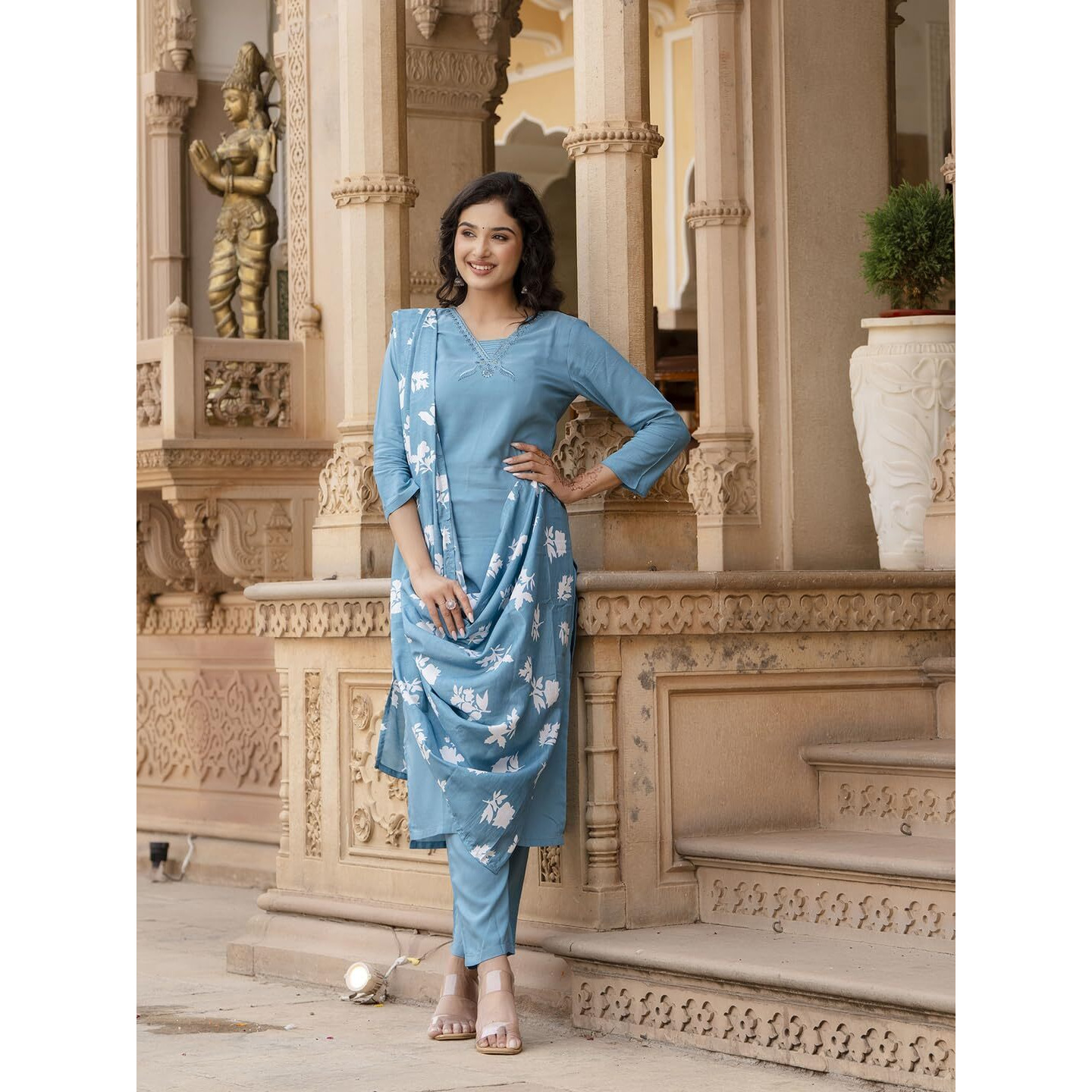 Navlik Women's Viscose Embroidered Straight Kurta with Pant and Dupatta Sets (NK-448)