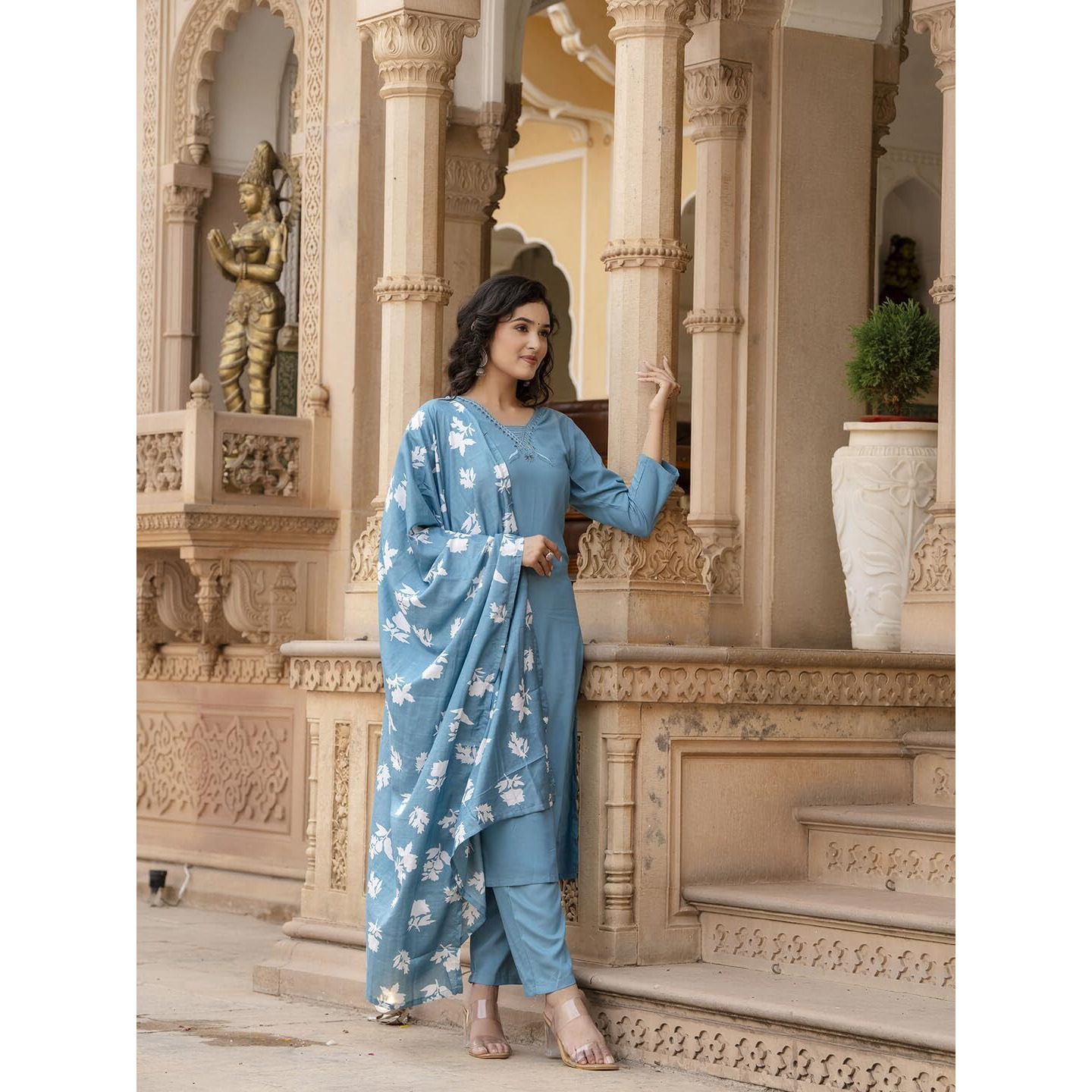 Navlik Women's Viscose Embroidered Straight Kurta with Pant and Dupatta Sets (NK-448)