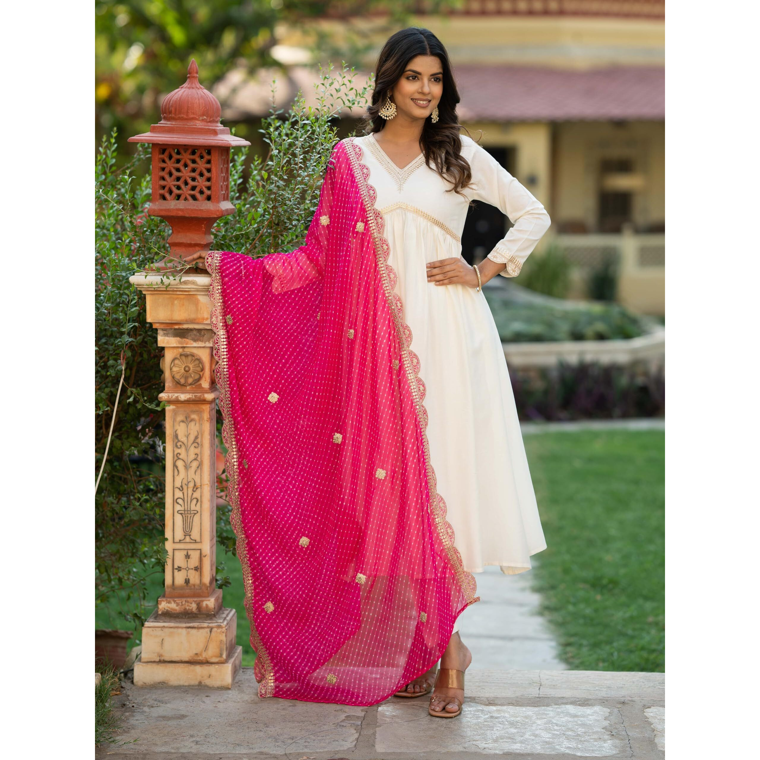 Navlik Women's Chanderi Embroidered Flared Kurta with Pant and Dupatta Sets (NK-463)