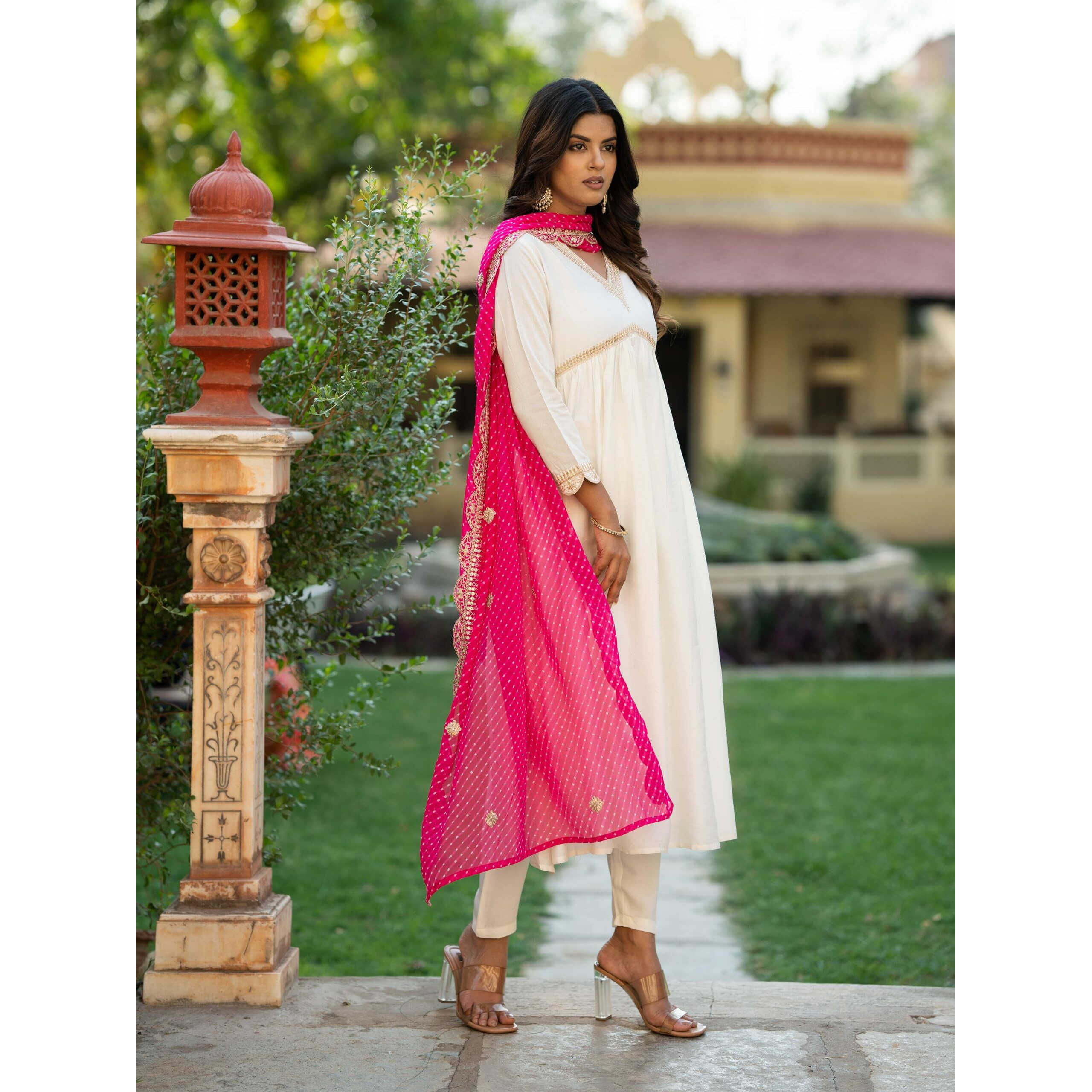 Navlik Women's Chanderi Embroidered Flared Kurta with Pant and Dupatta Sets (NK-463)