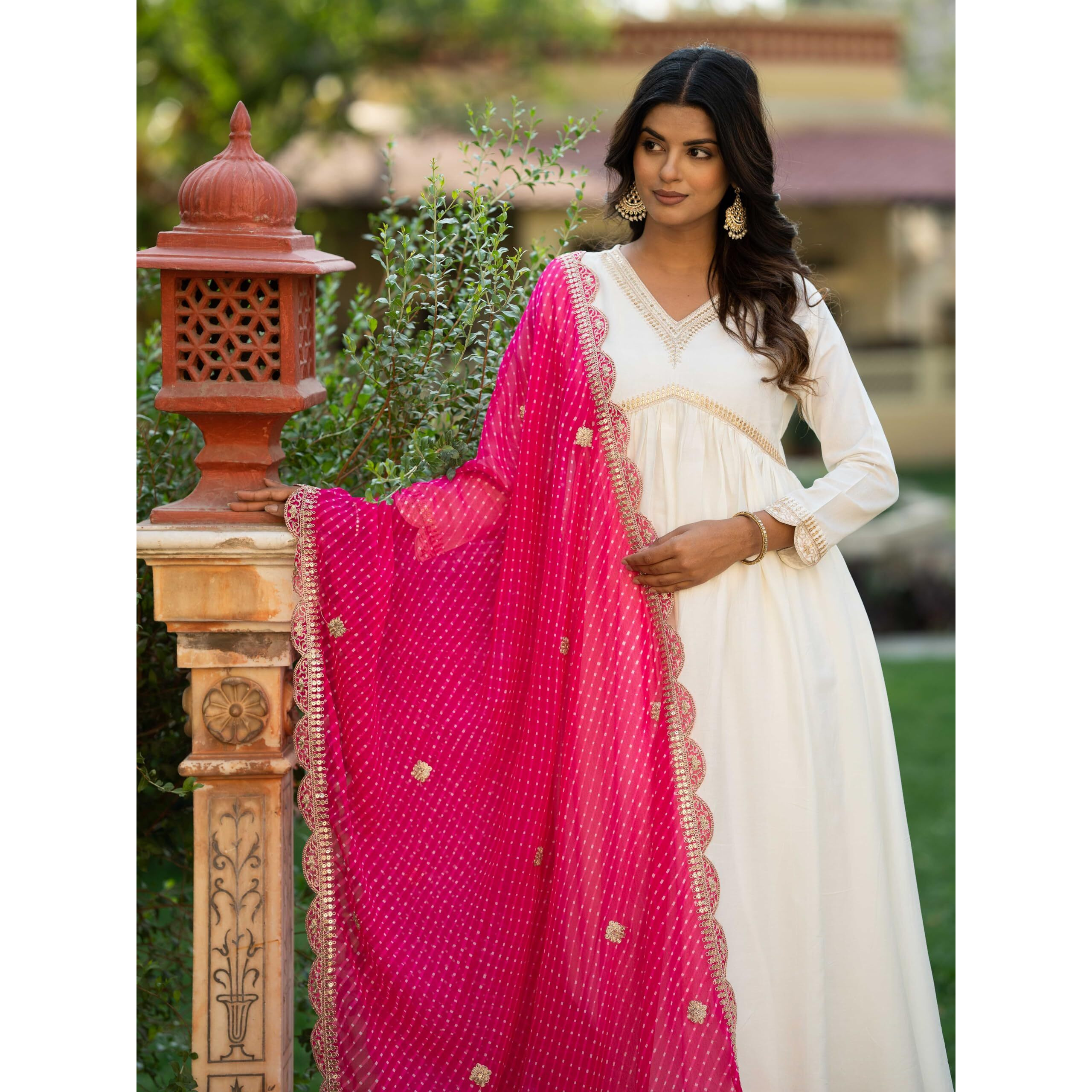 Navlik Women's Chanderi Embroidered Flared Kurta with Pant and Dupatta Sets (NK-463)