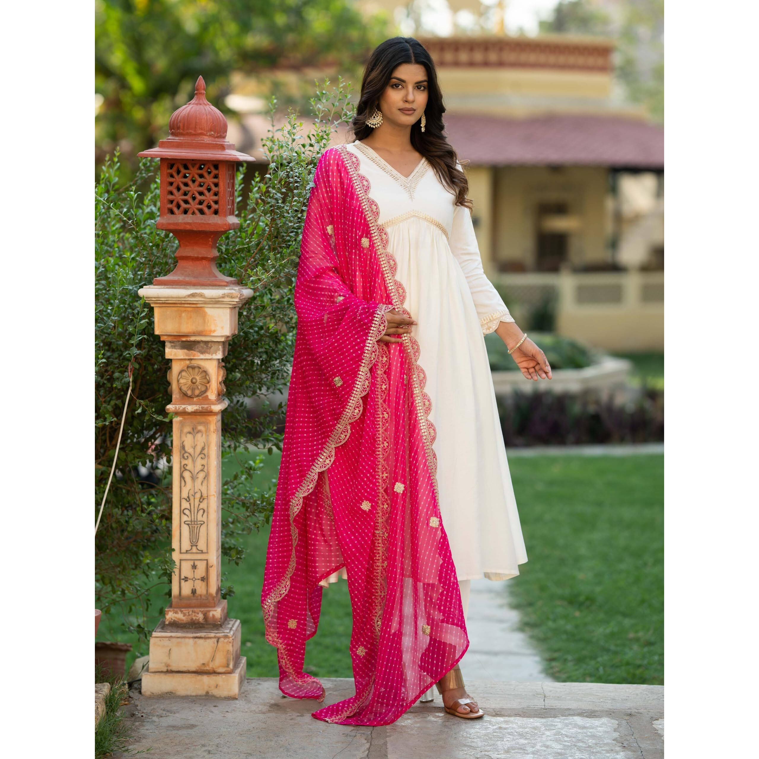 Navlik Women's Chanderi Embroidered Flared Kurta with Pant and Dupatta Sets (NK-463)