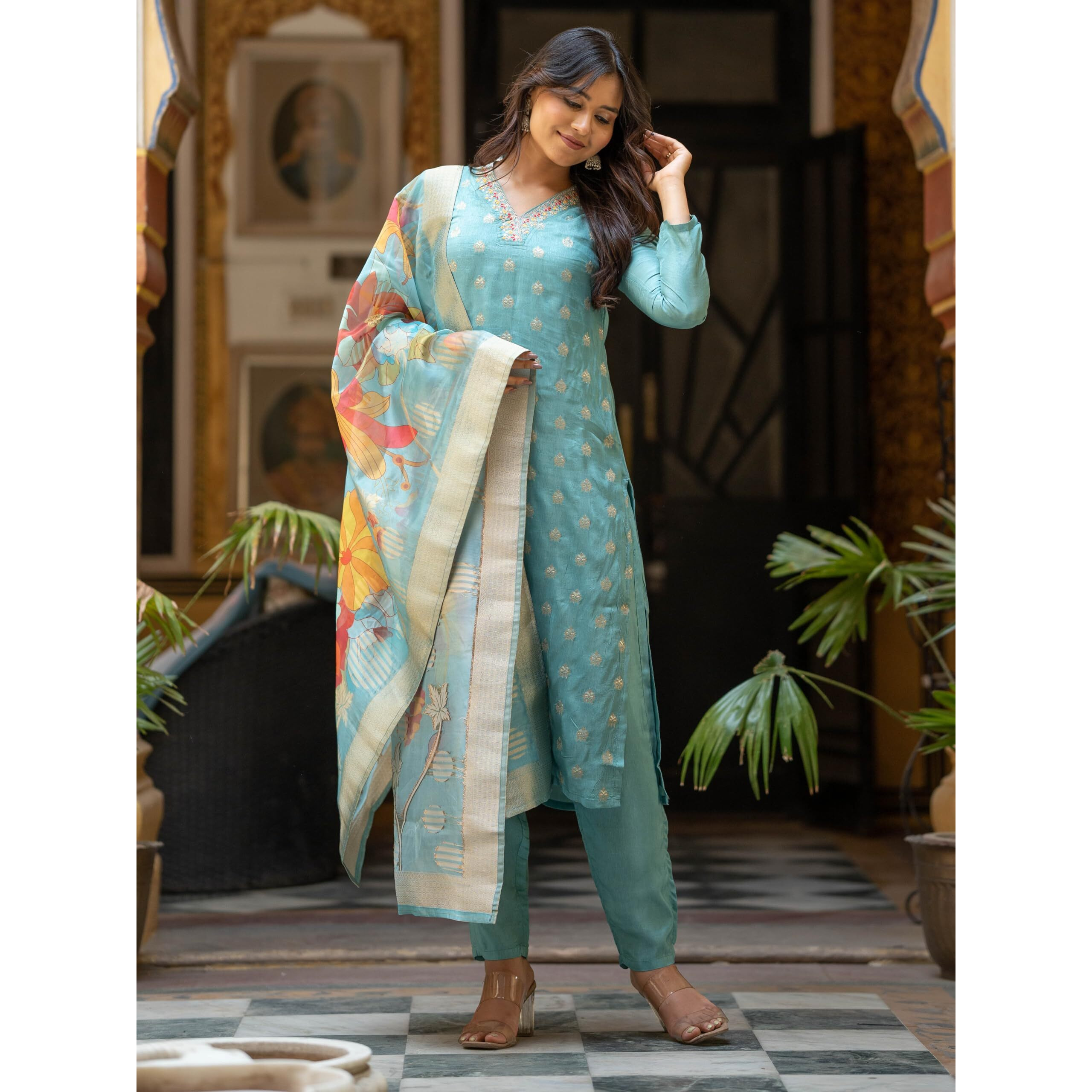 Navlik Women's Viscose Embroidered Straight Kurta with Pant And Dupatta Sets (NK-464)