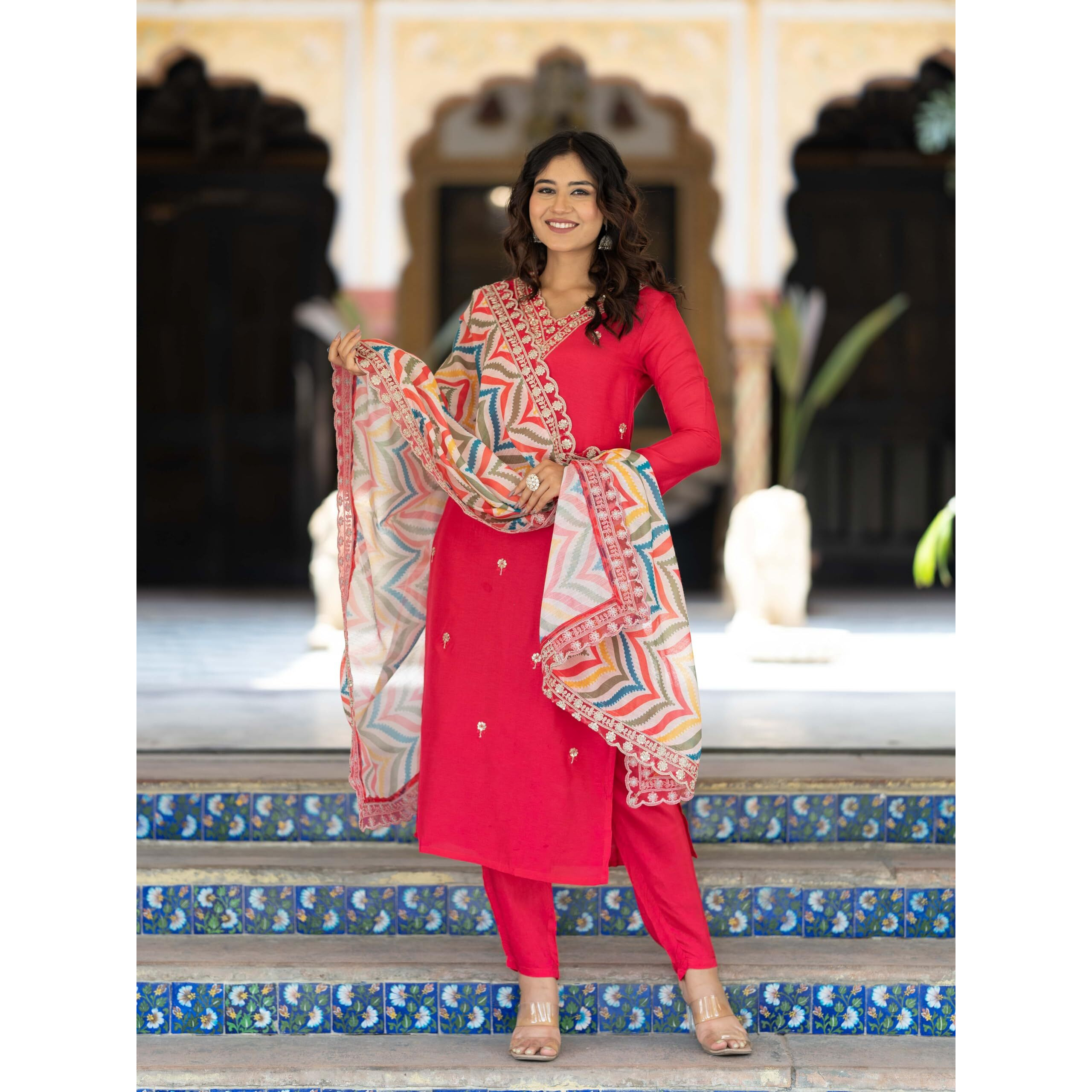 Navlik Women's Viscose Embroidered Straight Kurta with Pant and Dupatta Sets (NK-467)