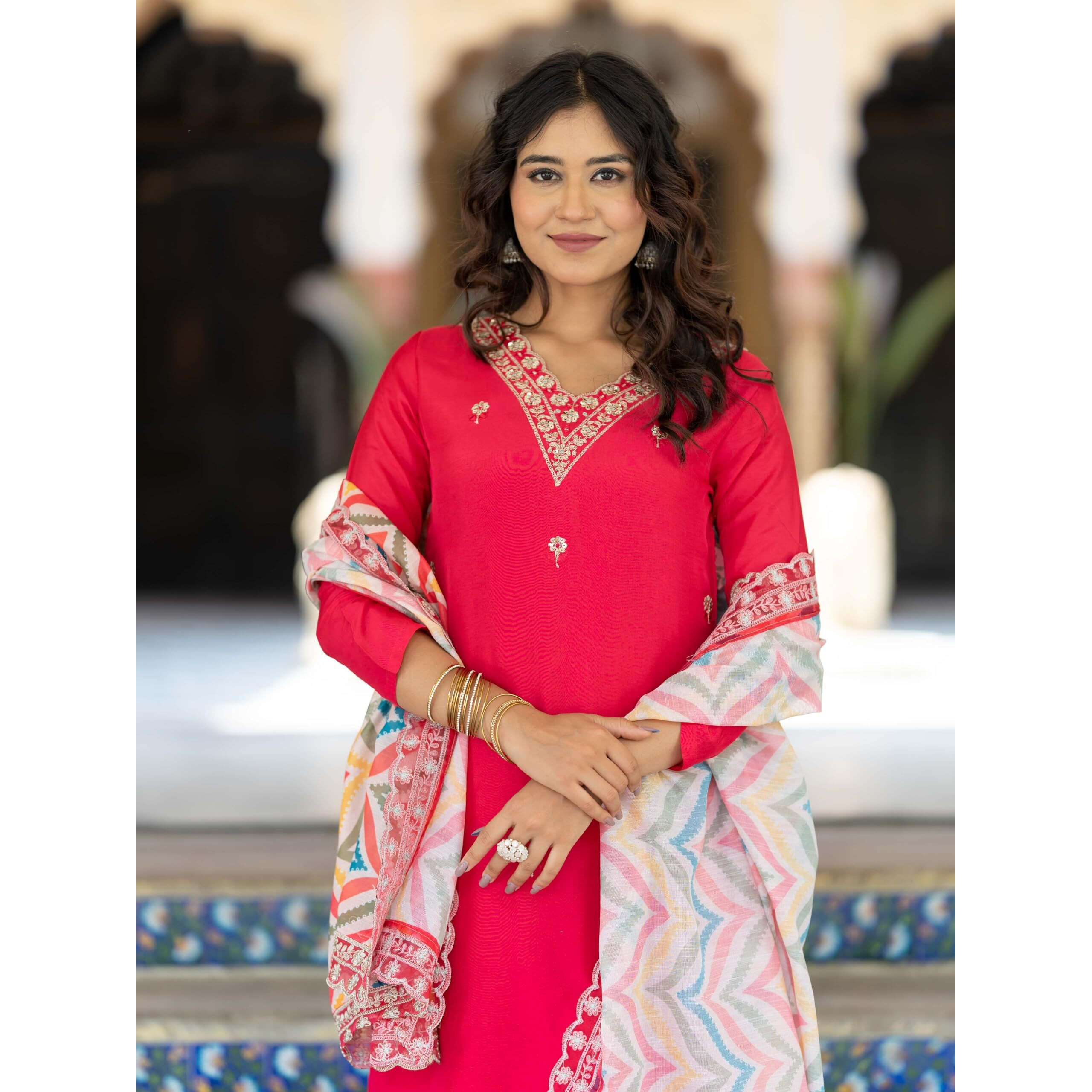 Navlik Women's Viscose Embroidered Straight Kurta with Pant and Dupatta Sets (NK-467)