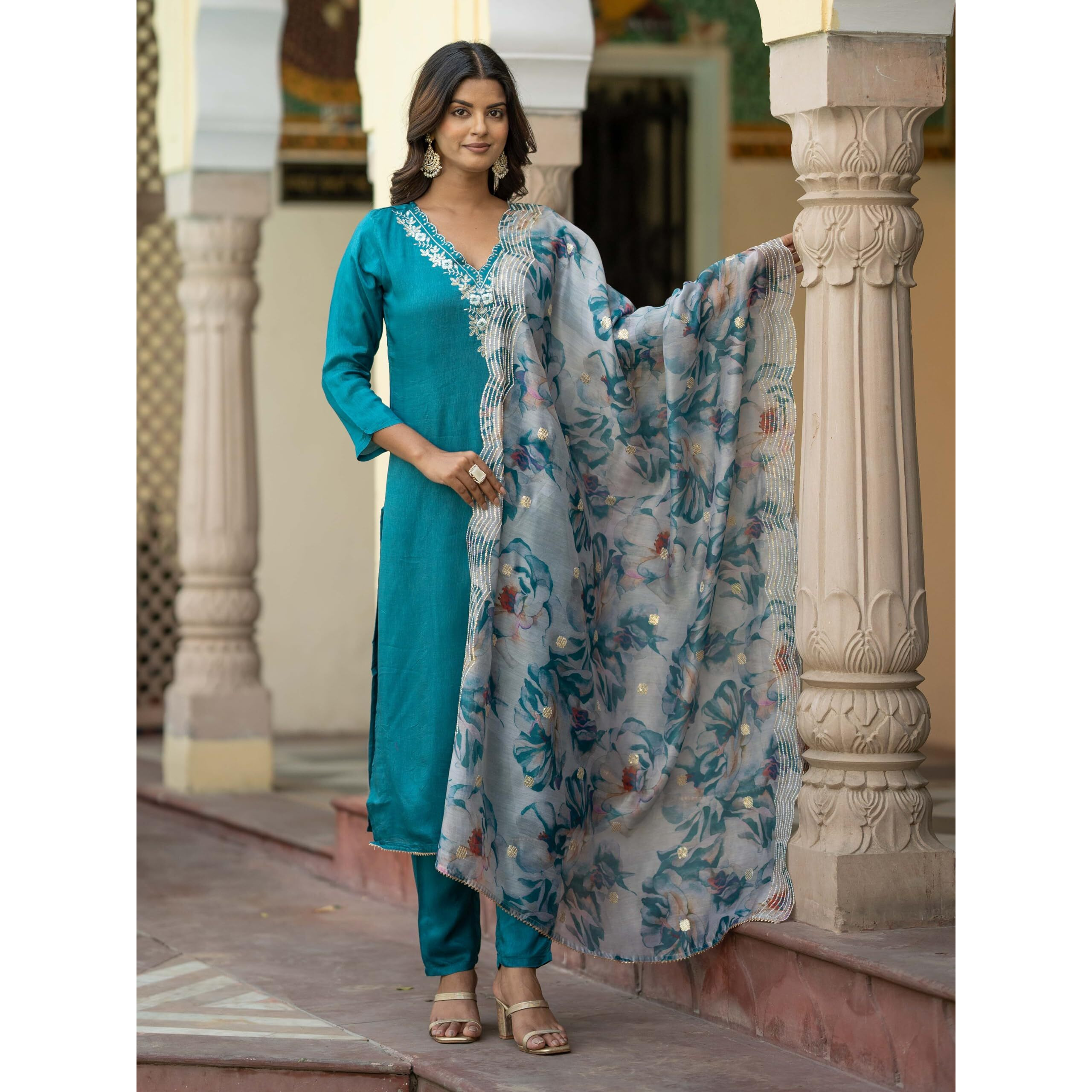 Navlik Women's Viscose Embroidered Straight Kurta with Pant And Dupatta Sets (NK-468)