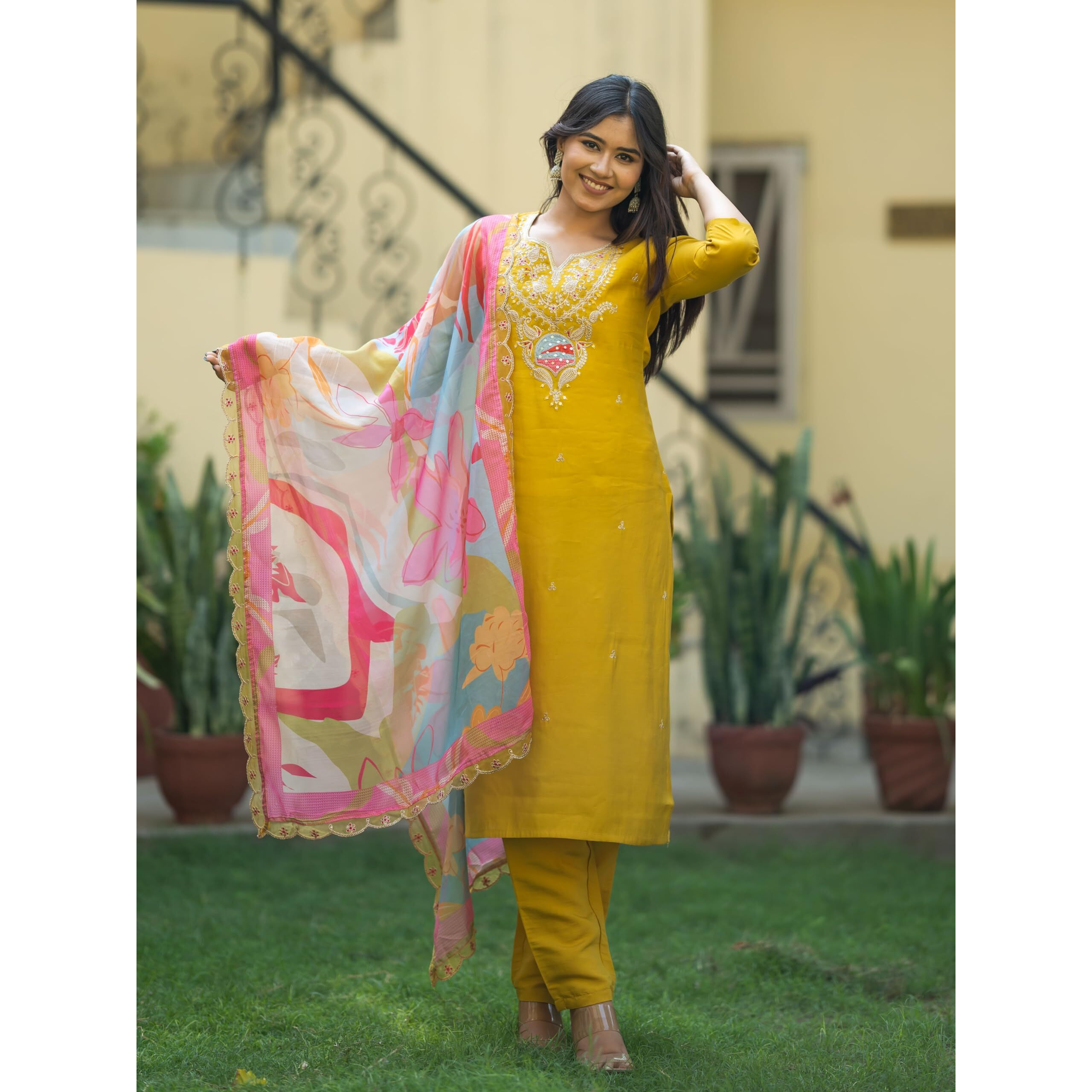 Navlik Women's Viscose Embroidered Flared Kurta with Pant and Dupatta Sets (NK-474)