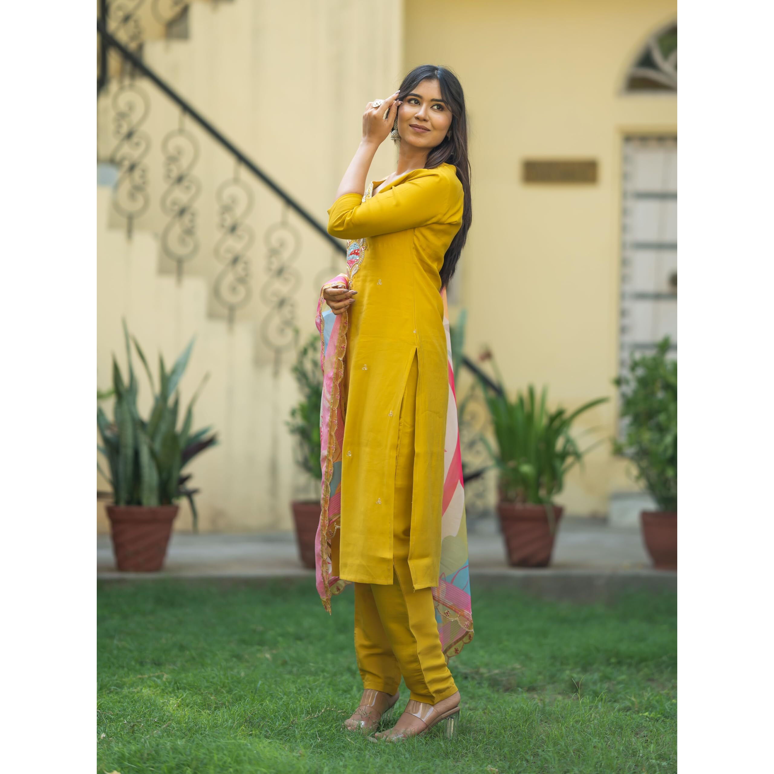Navlik Women's Viscose Embroidered Flared Kurta with Pant and Dupatta Sets (NK-474)