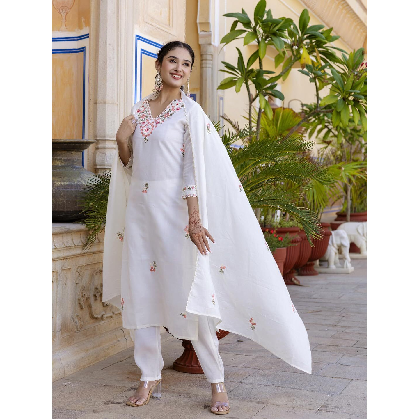 Navlik Women's Cotton Embroidered Straight Kurta with Pant and Dupatta Sets (NK-475)