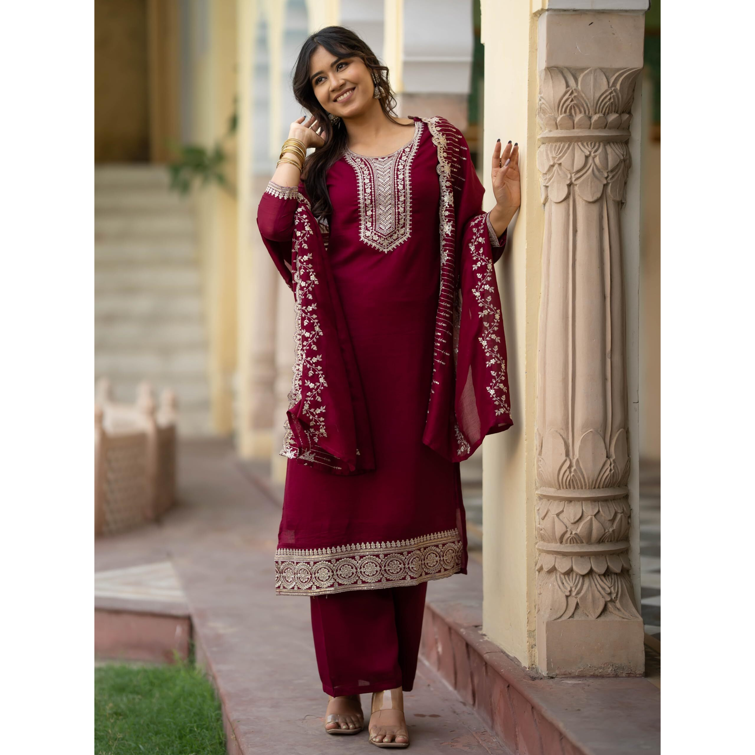 Navlik Women's Vichitra Silk Embroidered Straight Kurta with Pant and Dupatta Sets (NK-478)